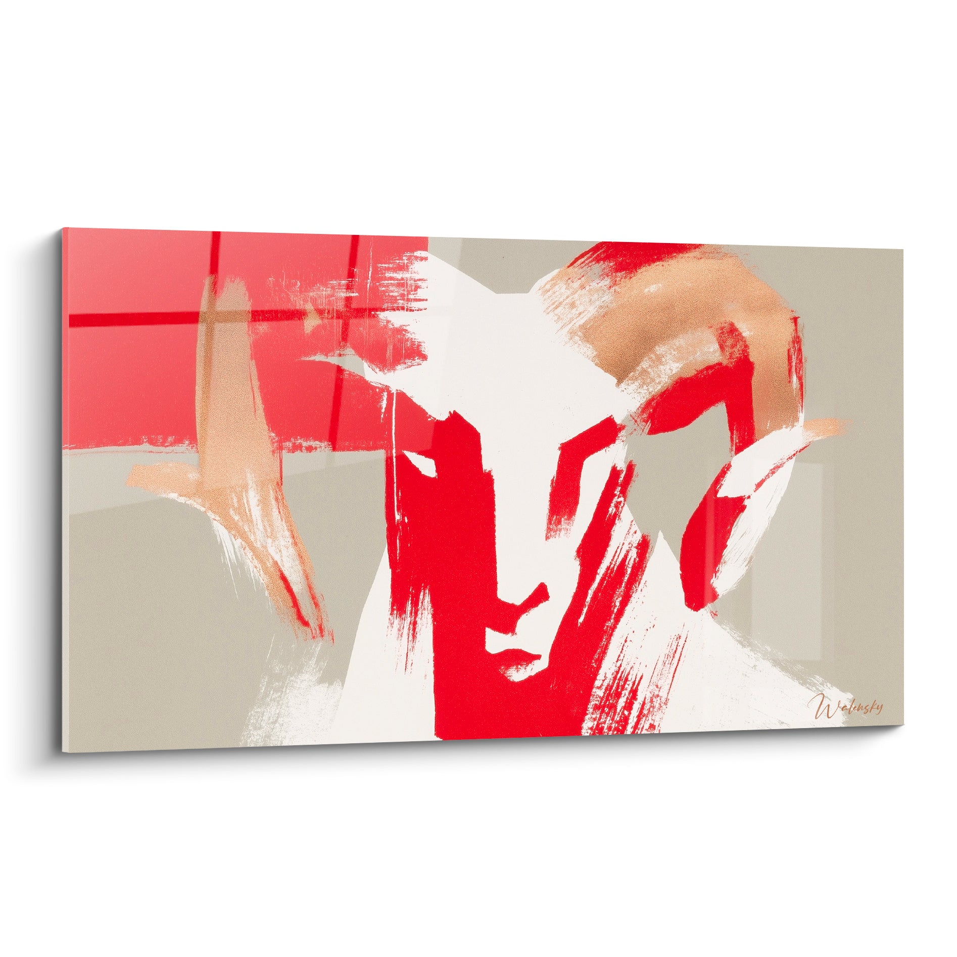 Bélier stylisé en rouge vif et beige, cornes dorées, coups de pinceau graphiques et affirmés