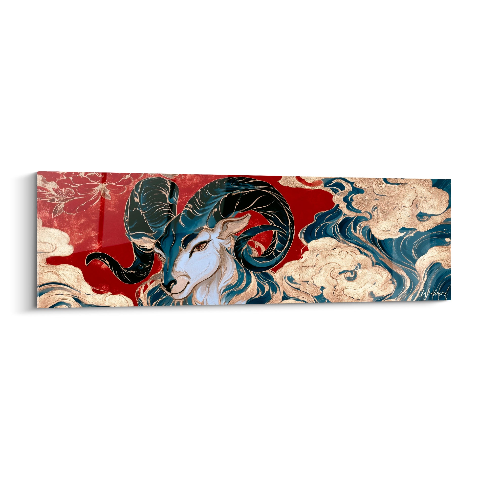 Bélier à tête blanche et cornes bleu marine sur fond rouge cramoisi entouré de vagues dorées