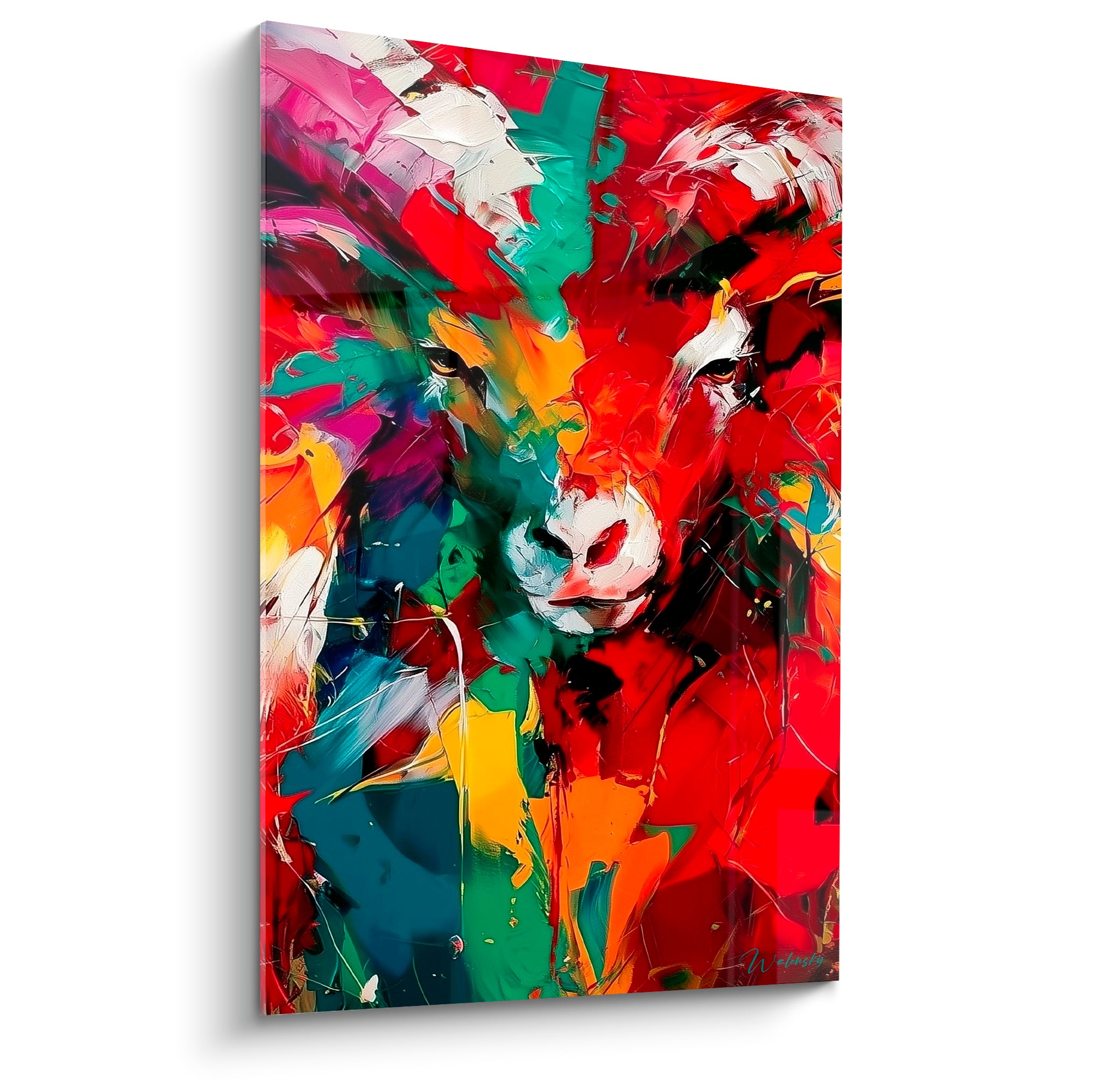 Bélier peint en rouge et vert émeraude, regard intense, empâtements expressifs au couteau