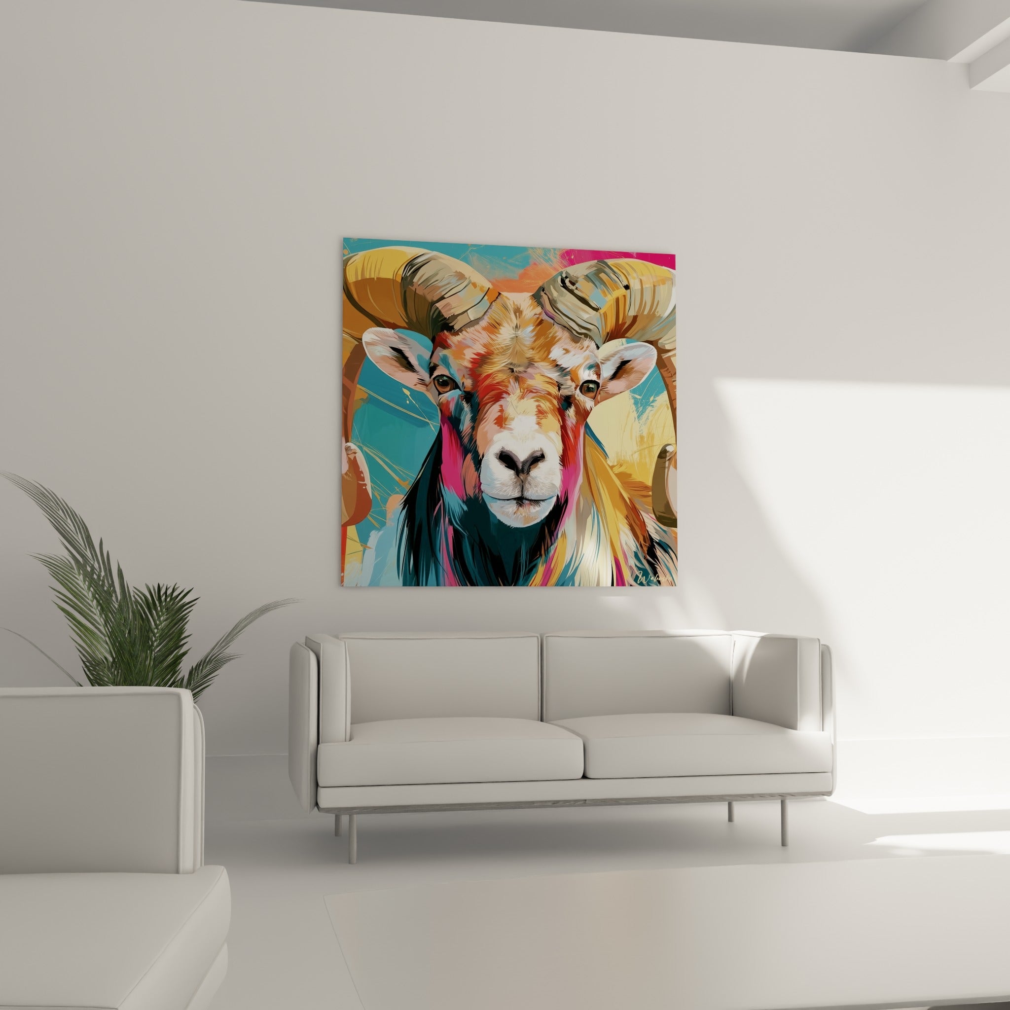 Pelage du Bélier mêlant orange, blanc et anthracite, affiché au-dessus d'un canapé dans un salon lumineux