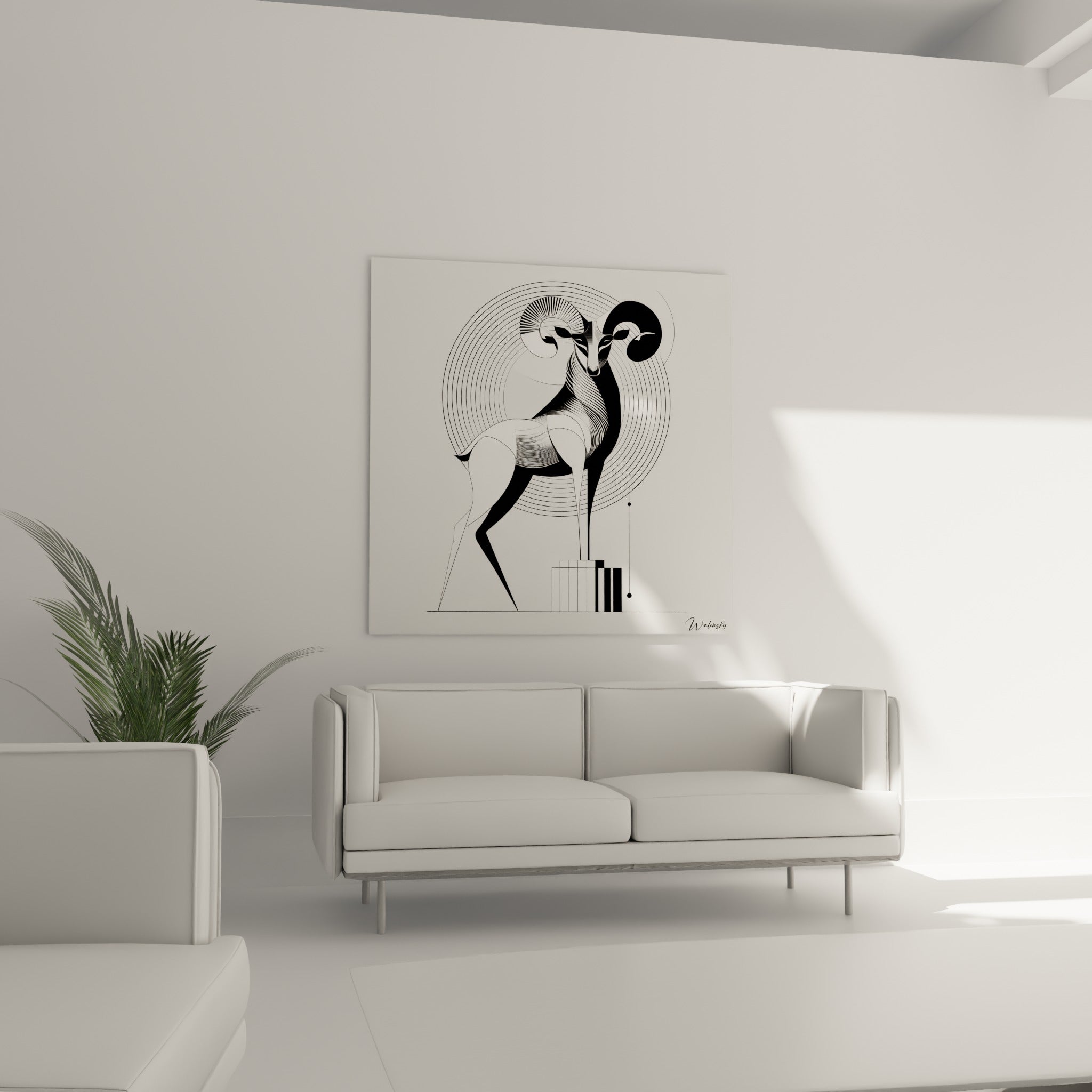 Figure animale stylisée en noir profond et blanc pur, cercles en arrière-plan, au-dessus d'un canapé dans un salon lumineux