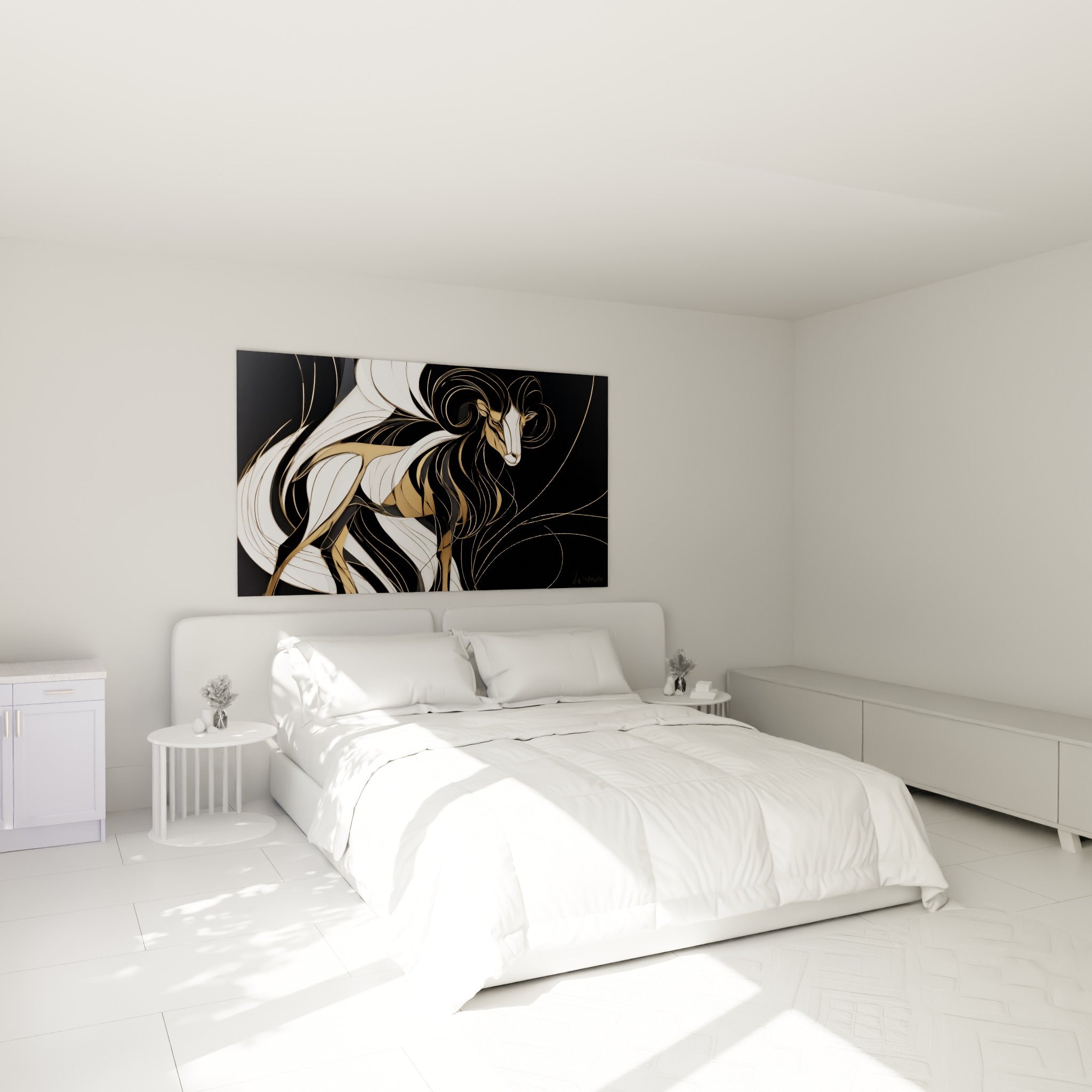 Silhouette de bélier doré et blanc déployée au-dessus d'un lit dans une chambre claire