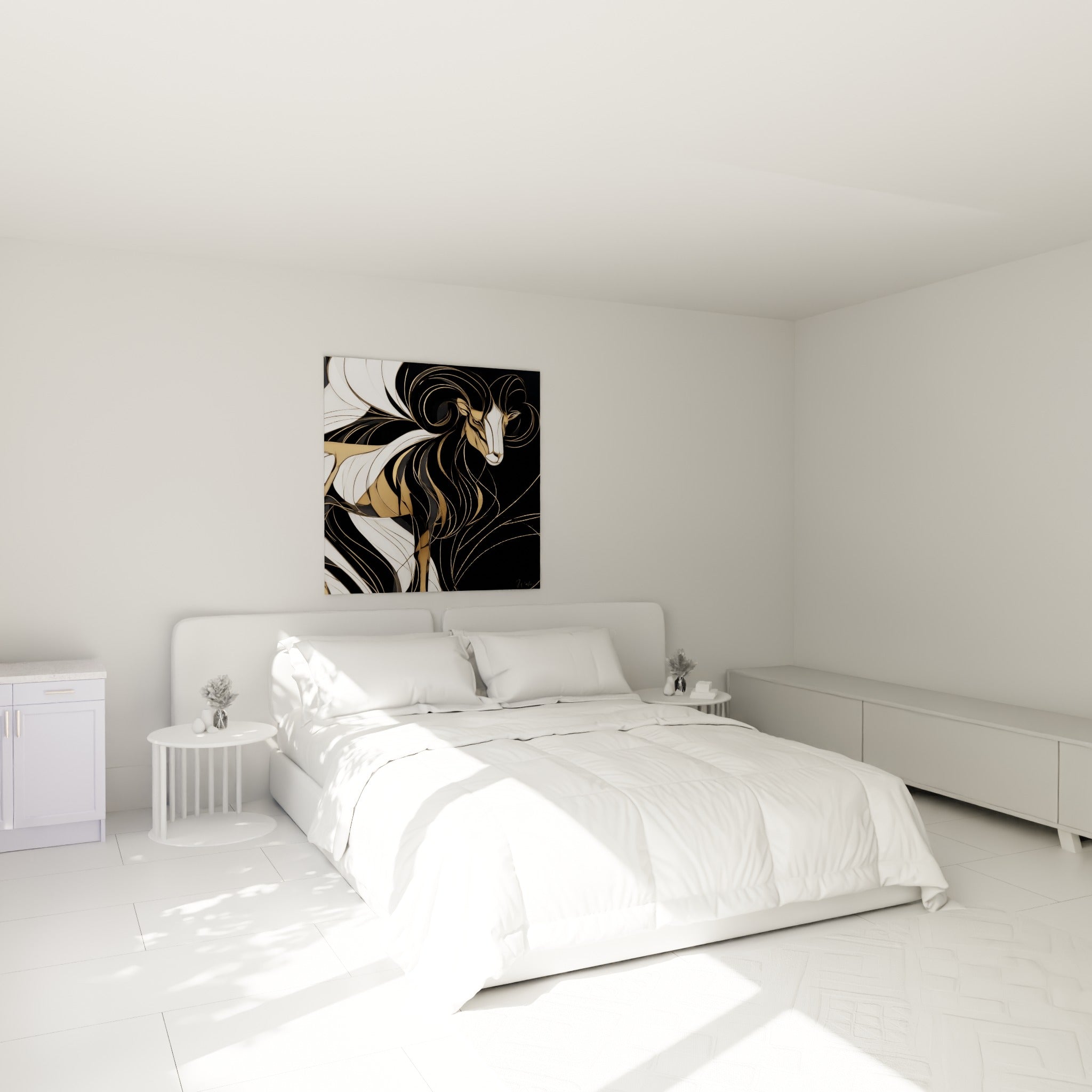 Silhouette dorée et anthracite du Bélier accrochée au-dessus d'un lit dans une chambre claire
