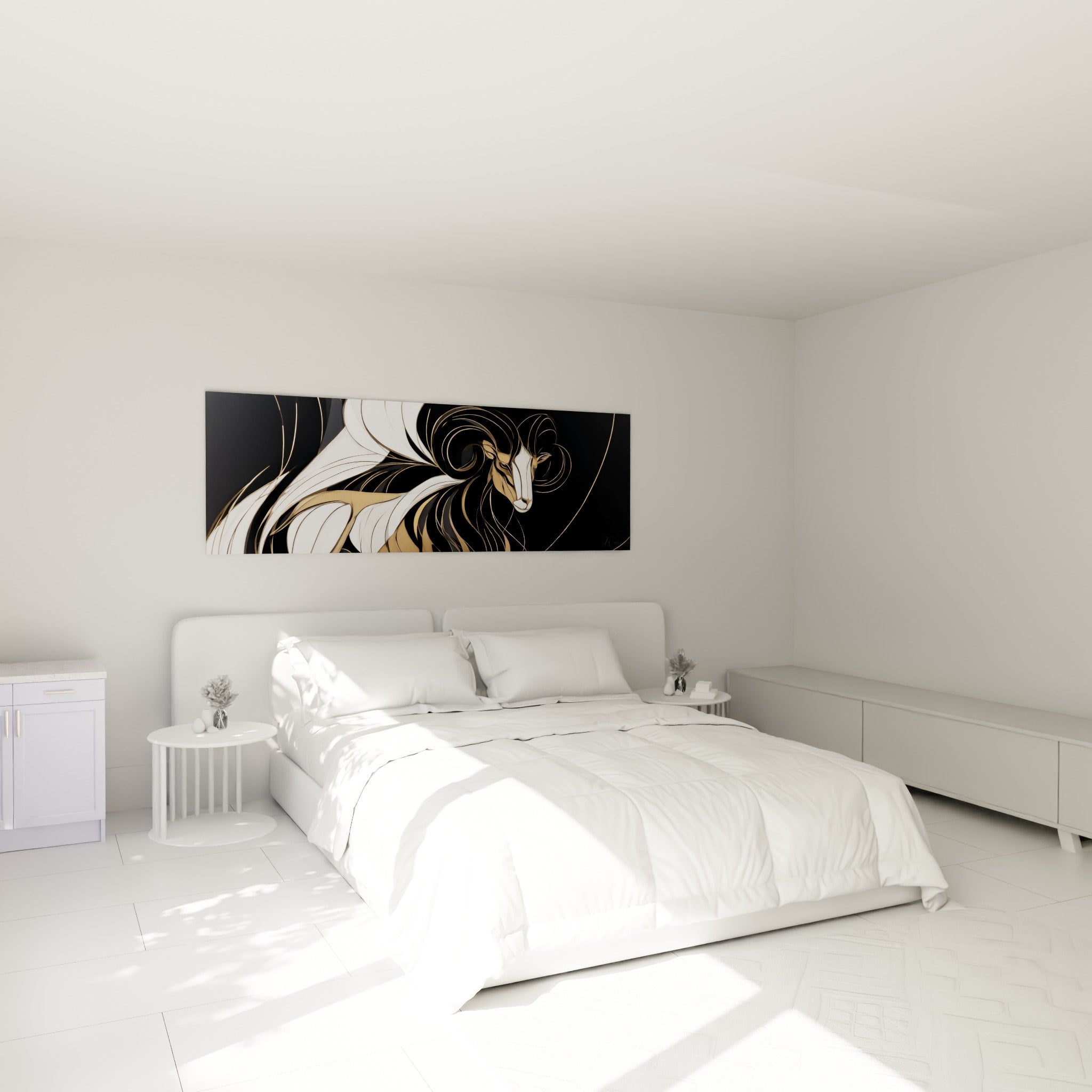 Cornes dorées et pelage blanc du Bélier illustré, accroché au-dessus d'un lit dans une chambre claire