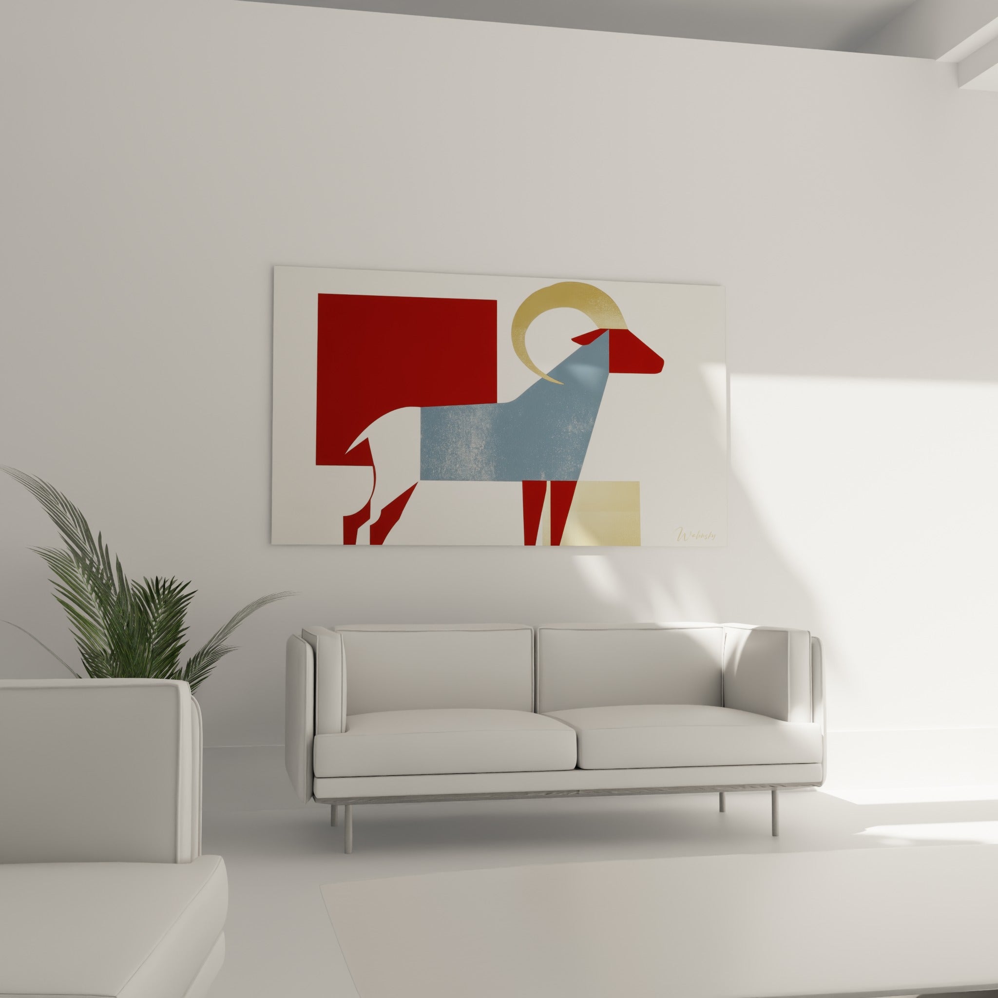 Figure animale rouge profond et bleu ardoise aux lignes graphiques, au-dessus d'un canapé dans un salon lumineux