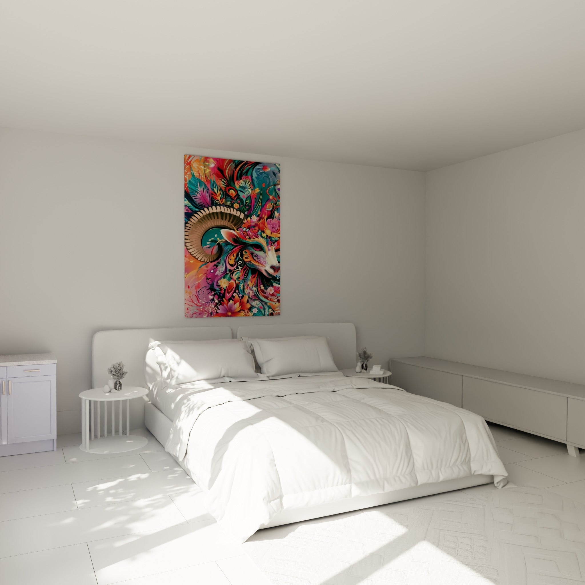 Corne enroulée ocre et fleurs corail du Bélier suspendues au-dessus d'un lit dans une chambre claire