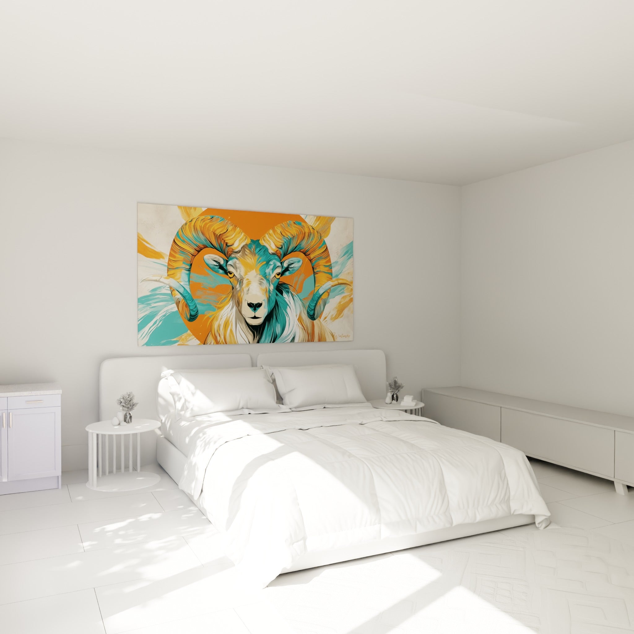 Cornes spiralées orange et blanches du Bélier turquoise, accrochées au-dessus d'un lit dans une chambre claire
