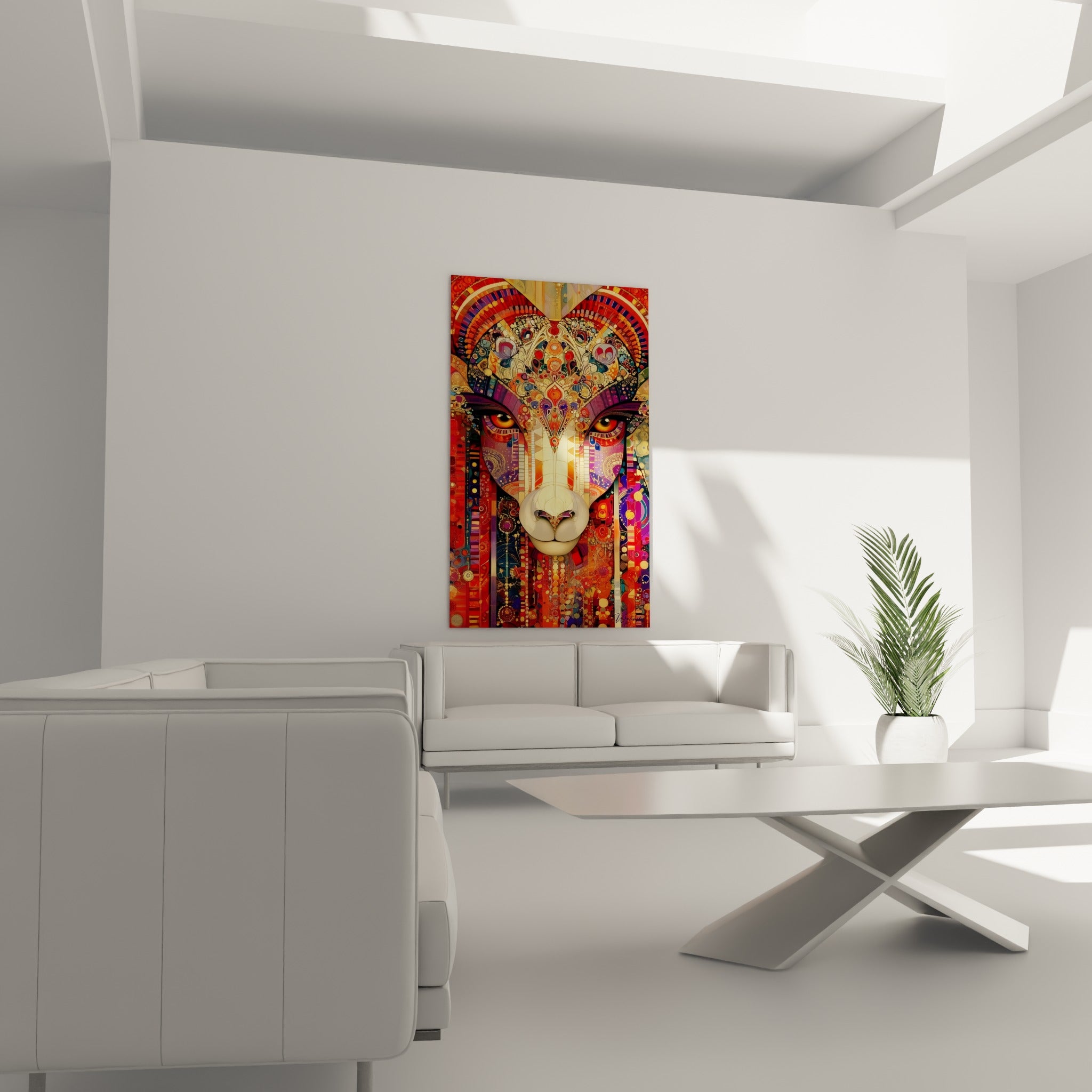 Face ornée du Bélier aux teintes terracotta et bleu marine au-dessus d'un canapé dans un salon lumineux