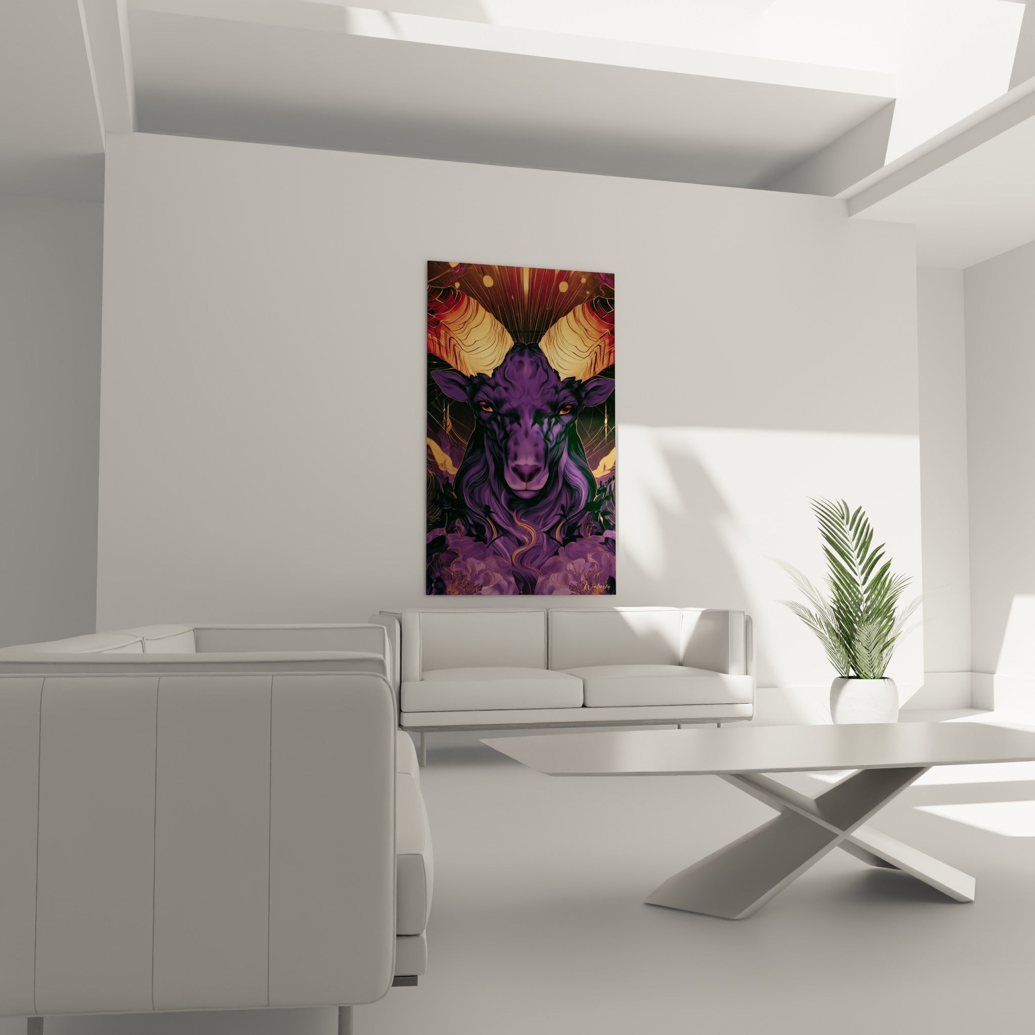 Visage animal pourpre aux yeux rouges et cornes ocre placé au-dessus d'un canapé dans un salon lumineux