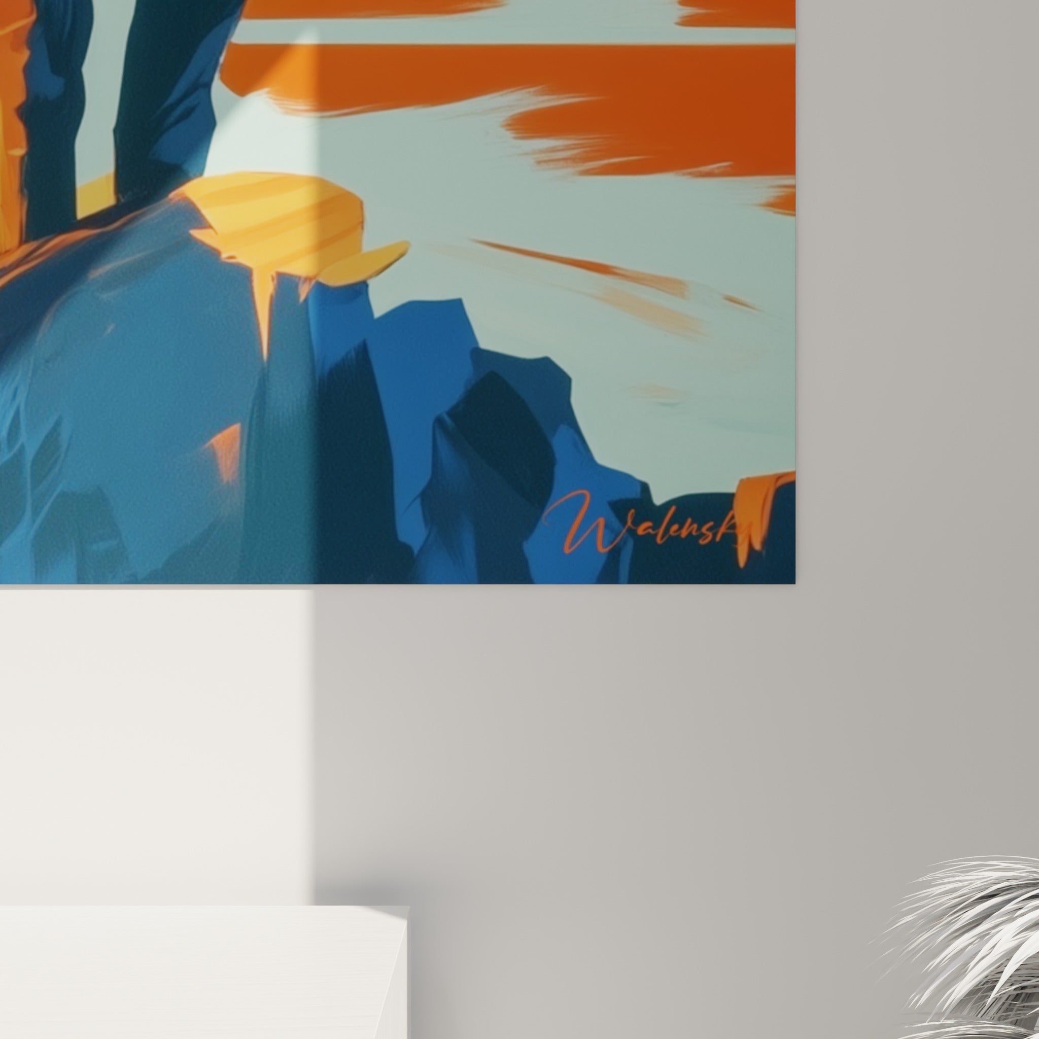 Grain et empâtements des tons orange et bleu marine visibles sur l'impression de ce tableau bélier