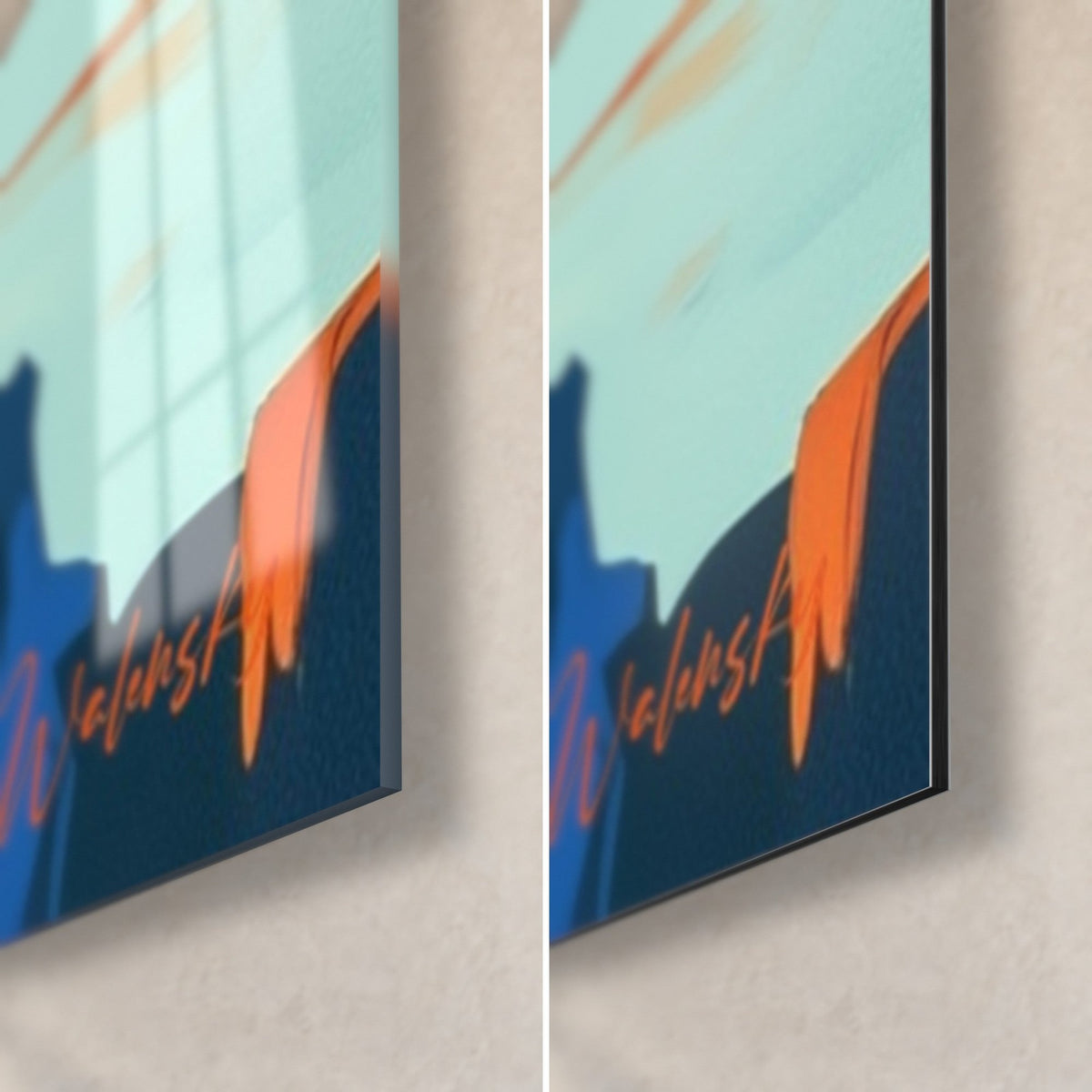 Tableau bélier sur crête rocheuse, coin bas droit : turquoise pâle et orange, signature Walensky, verre brillant et Dibond mat