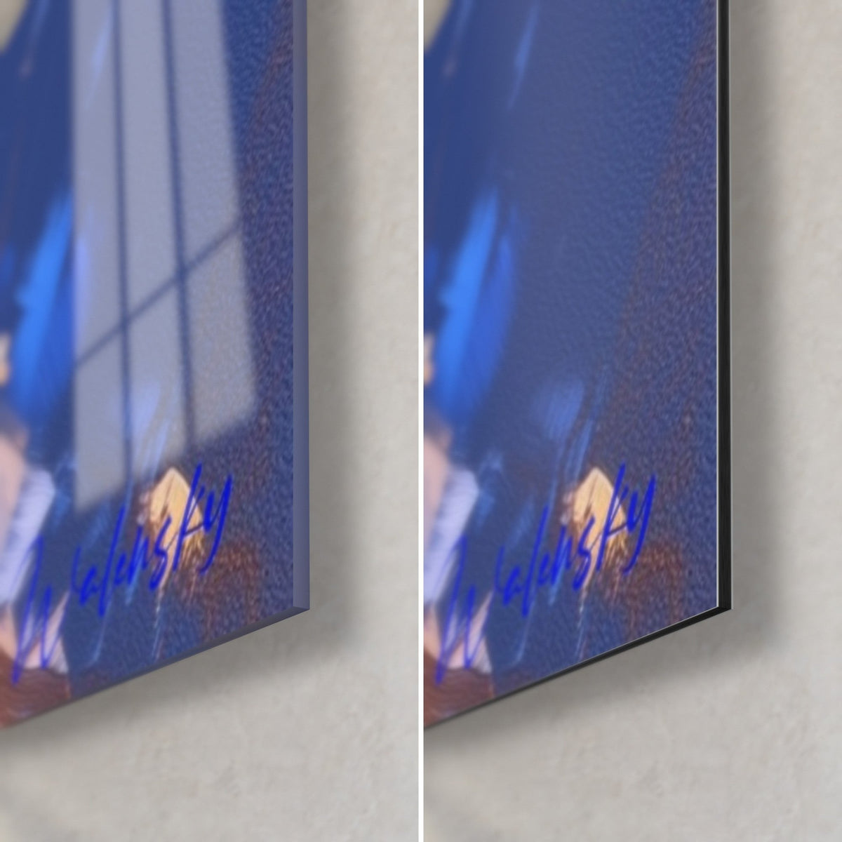 Quadro ariete dipinto a impasto, angolo in basso a destra: vetro acrilico lucido a sinistra, alluminio Dibond opaco a destra, firma blu, bordo 3 mm