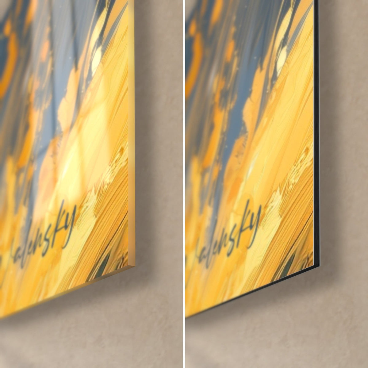 Tableau bélier noir et jaune, coin bas droit : verre acrylique brillant et reflets à gauche, alu Dibond mat à droite, tranche de 3 mm