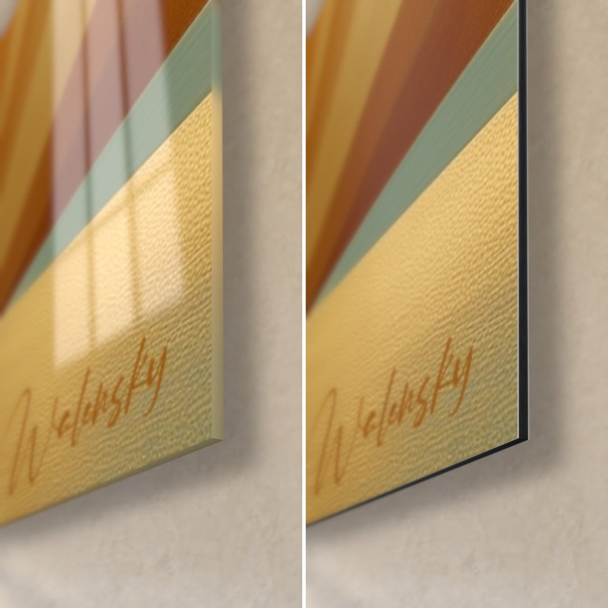 Tableau bélier doré, coin bas droit : verre acrylique brillant à gauche, alu Dibond mat à droite, signature Walensky et tranche de 3 mm