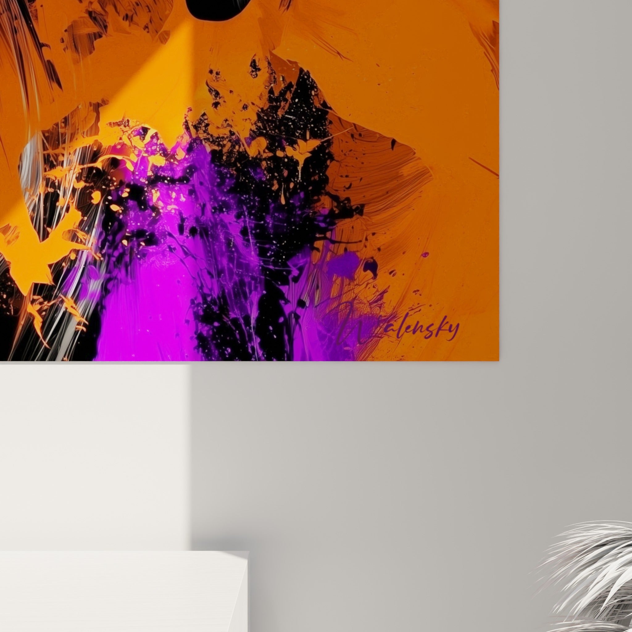 Détail des empâtements orange et violets projetés autour des cornes noires striées du bélier