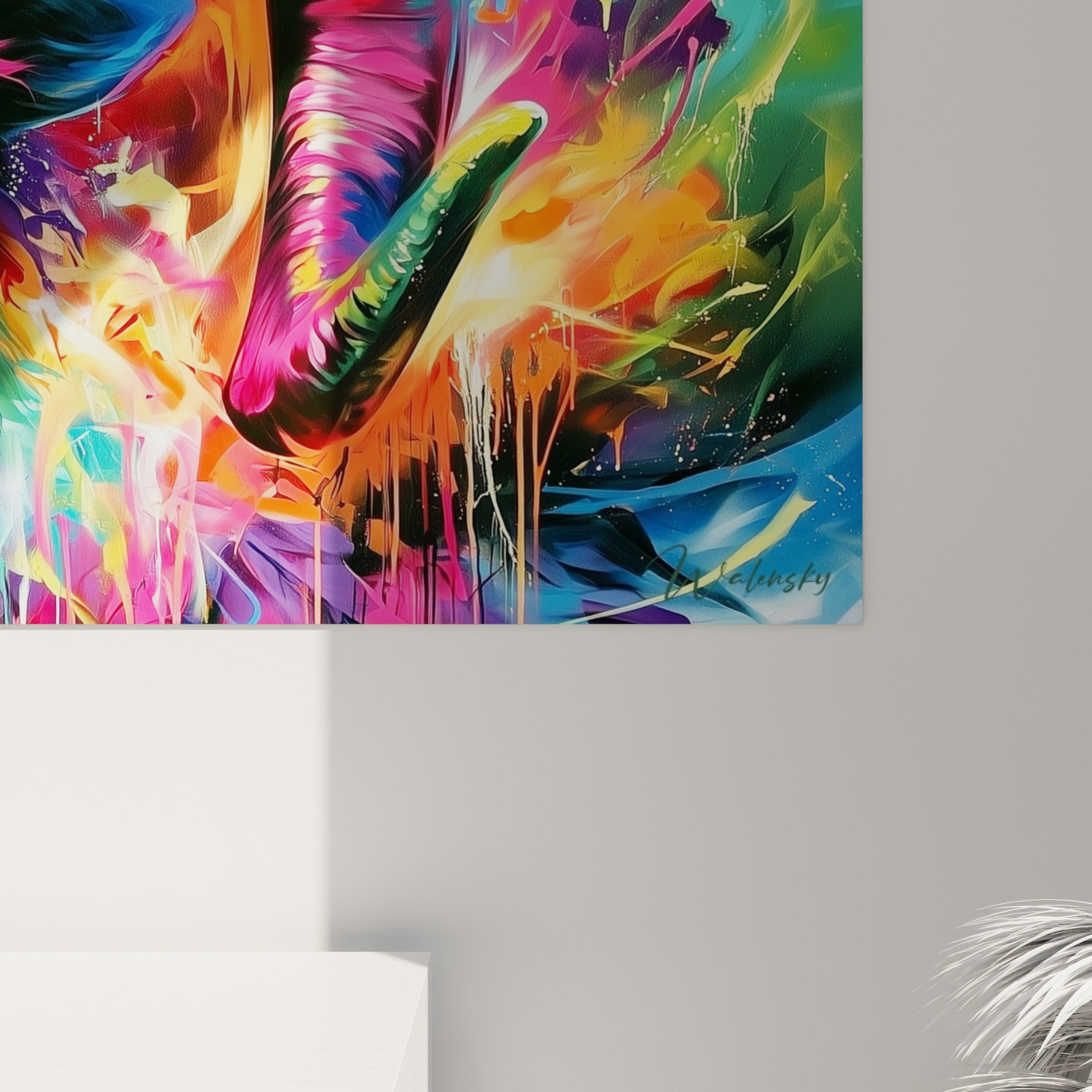 Empâtements et coulures de peinture turquoise et orange visibles de près sur le museau du Bélier