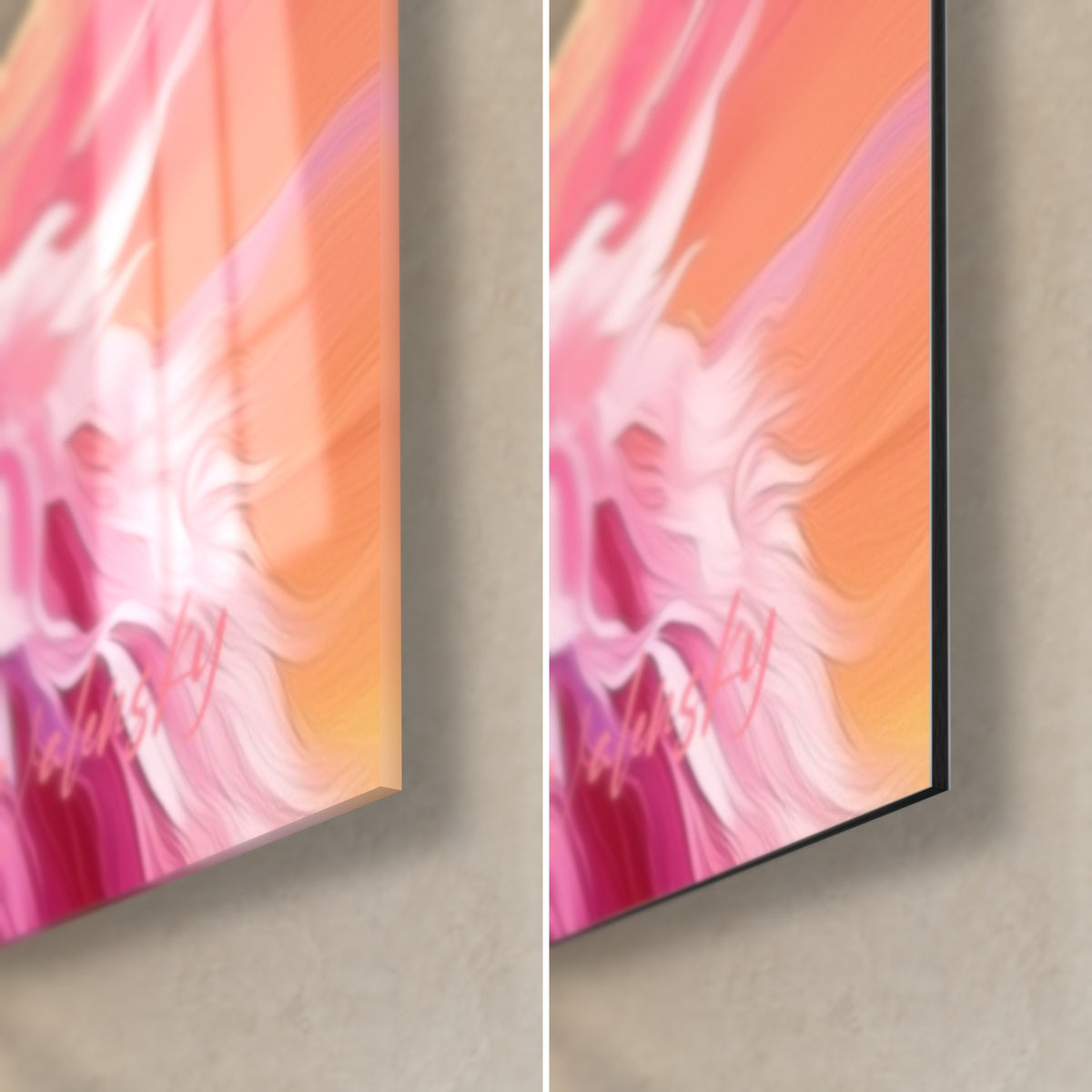 Wall art ram in pink and blue, bottom right corner: glossy acrylic glass on the left, matte black Dibond aluminum on the right, 3 mm edge