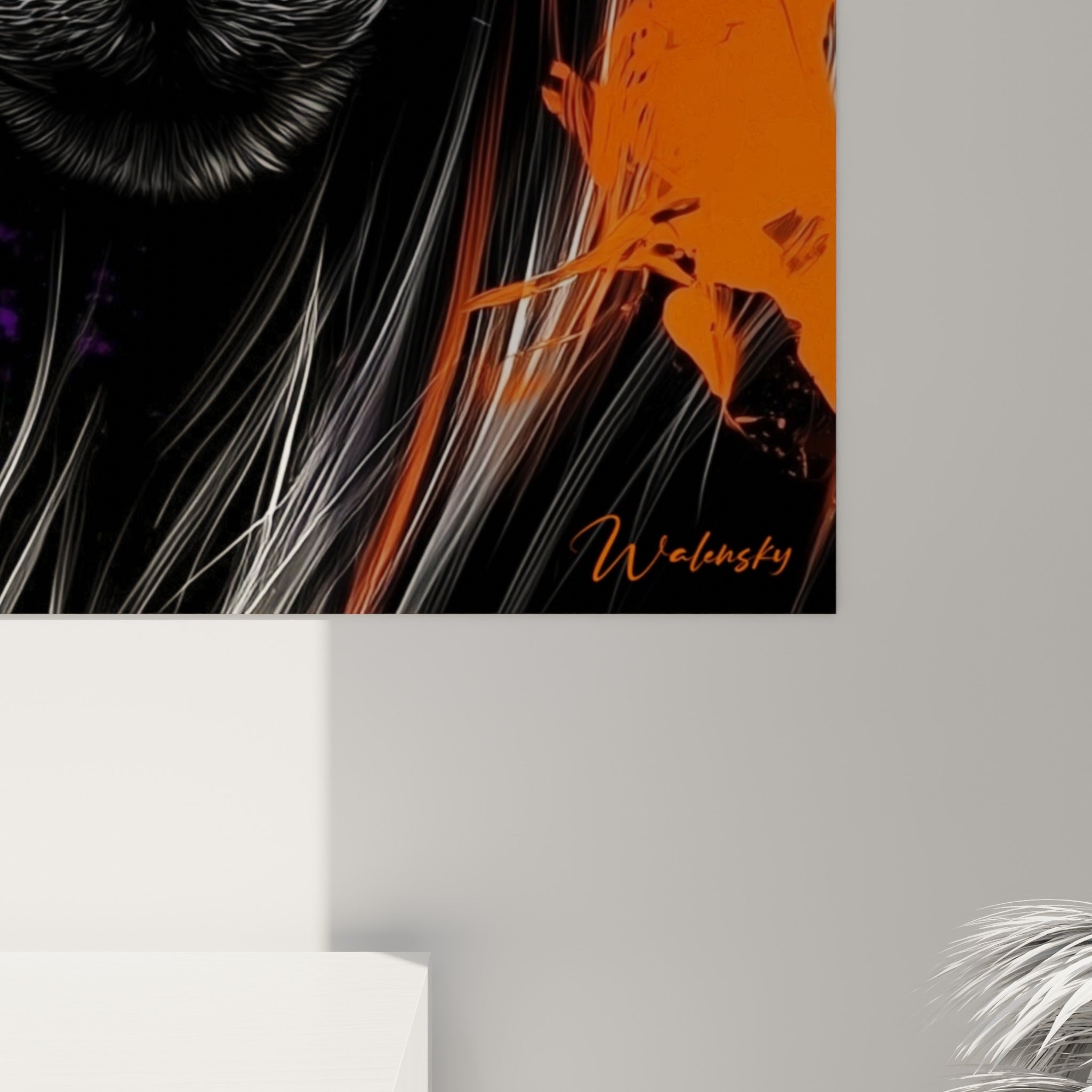 Détail des traits fins du pelage du Bélier où le noir se mêle aux éclats violets et orange