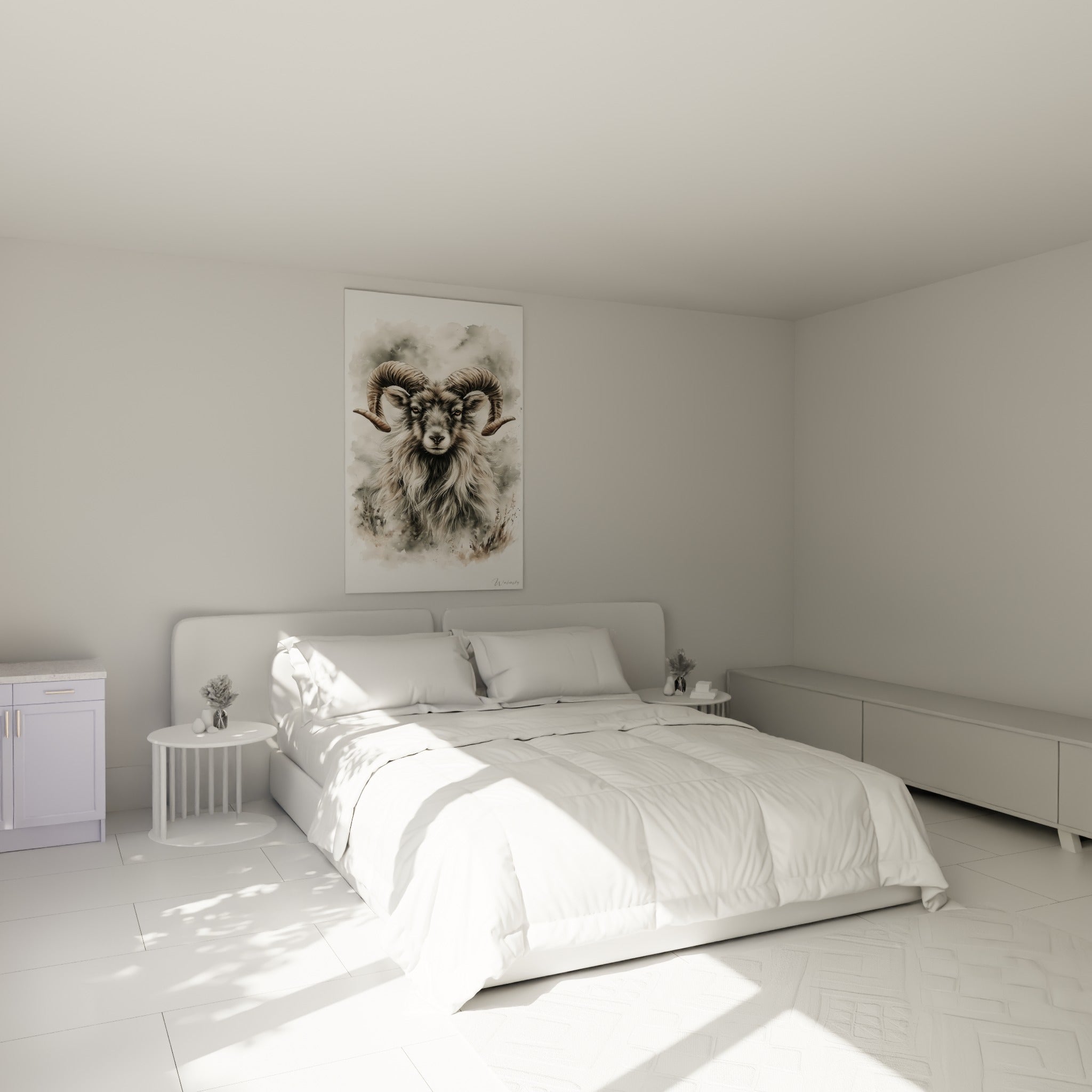Toison beige et grise du Bélier accrochée au-dessus d'un lit dans une chambre claire