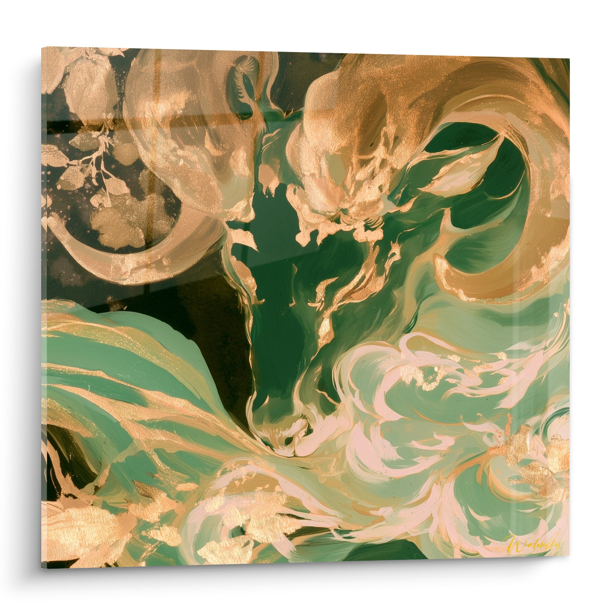 Silhouette du Bélier en vert émeraude et doré, cornes en volutes fluides sur fond sombre