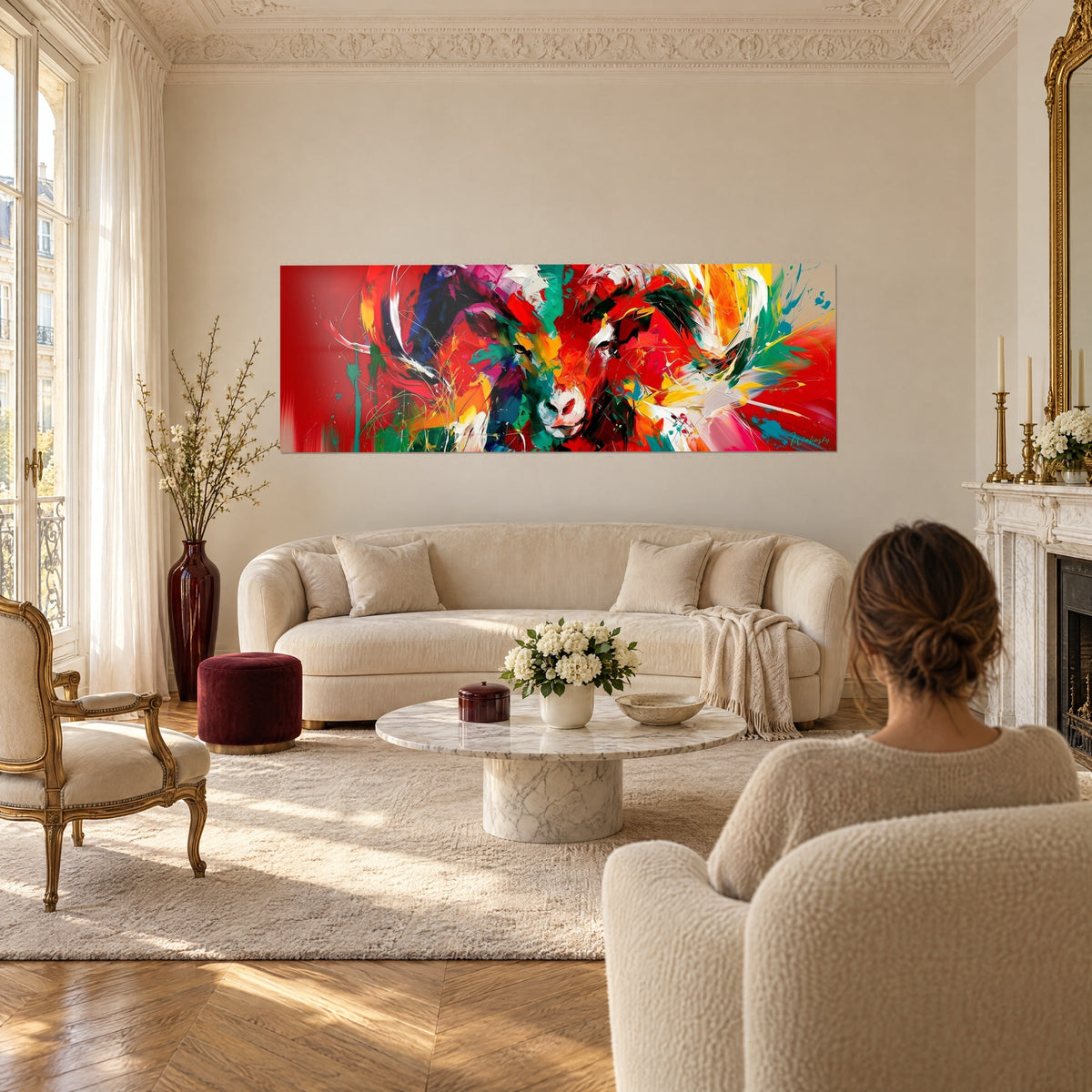 Tableau bélier aux cornes spiralées en coups de couteau rouge écarlate et vert émeraude, au-dessus d'un canapé dans un salon lumineux