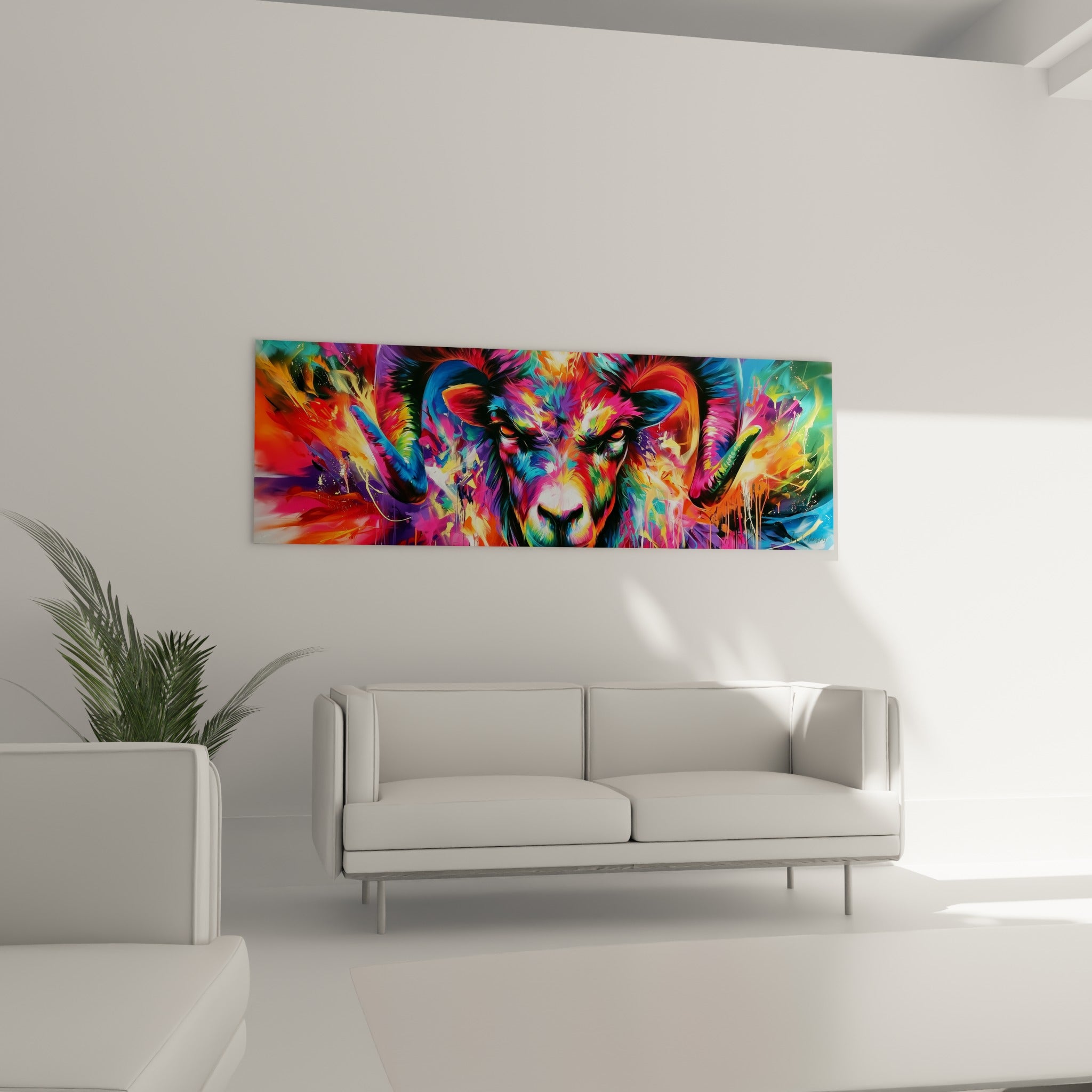Cornes recourbées et pelage fuchsia d'un Bélier coloré placé au-dessus d'un canapé dans un salon lumineux