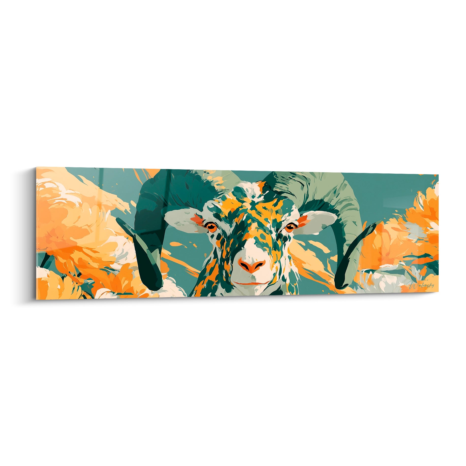 Bélier aux cornes vert sauge et pelage safran, regard ambré perçant sur fond anthracite