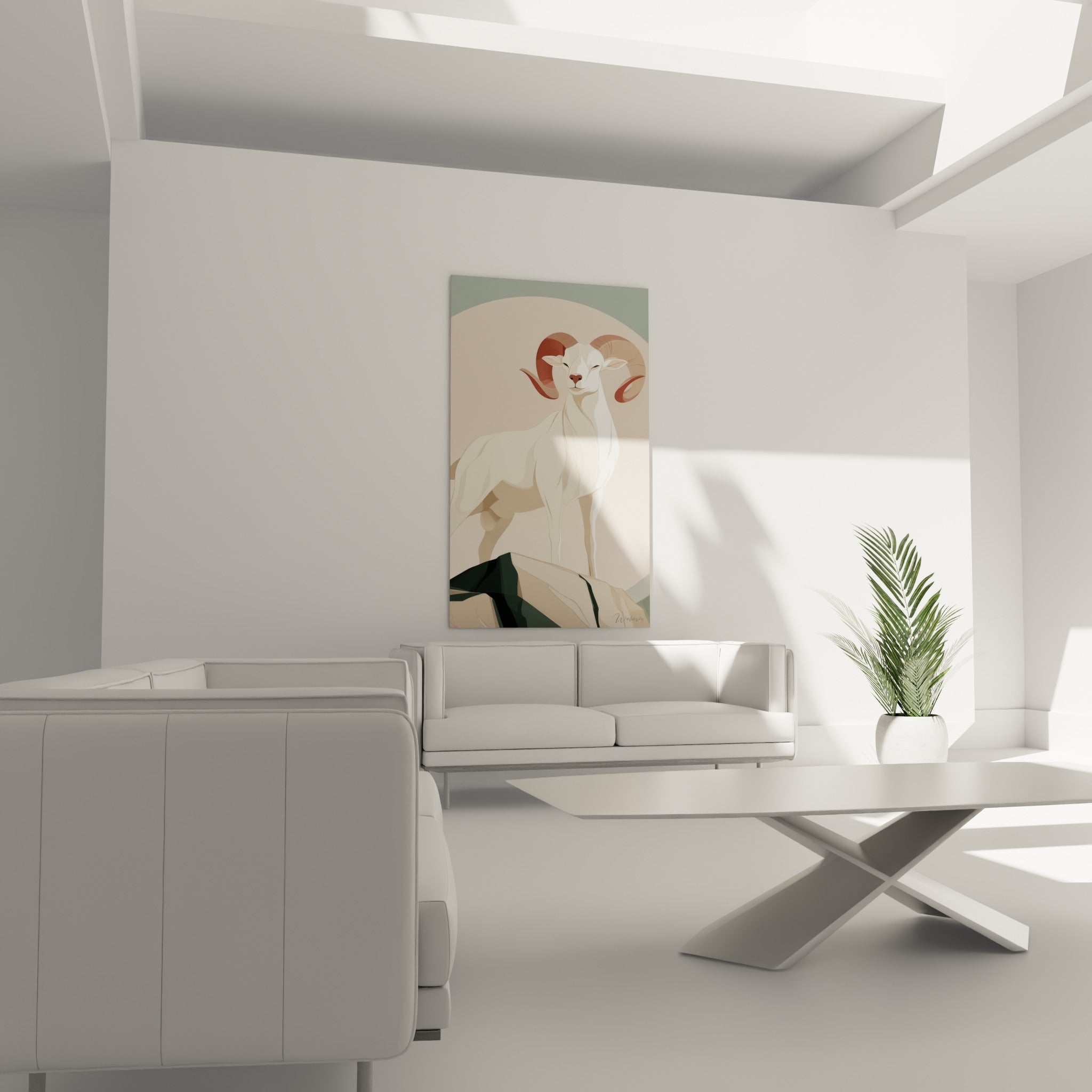 Silhouette sereine du bélier ivoire sur fond rose et vert sauge, au-dessus d'un canapé dans un salon lumineux