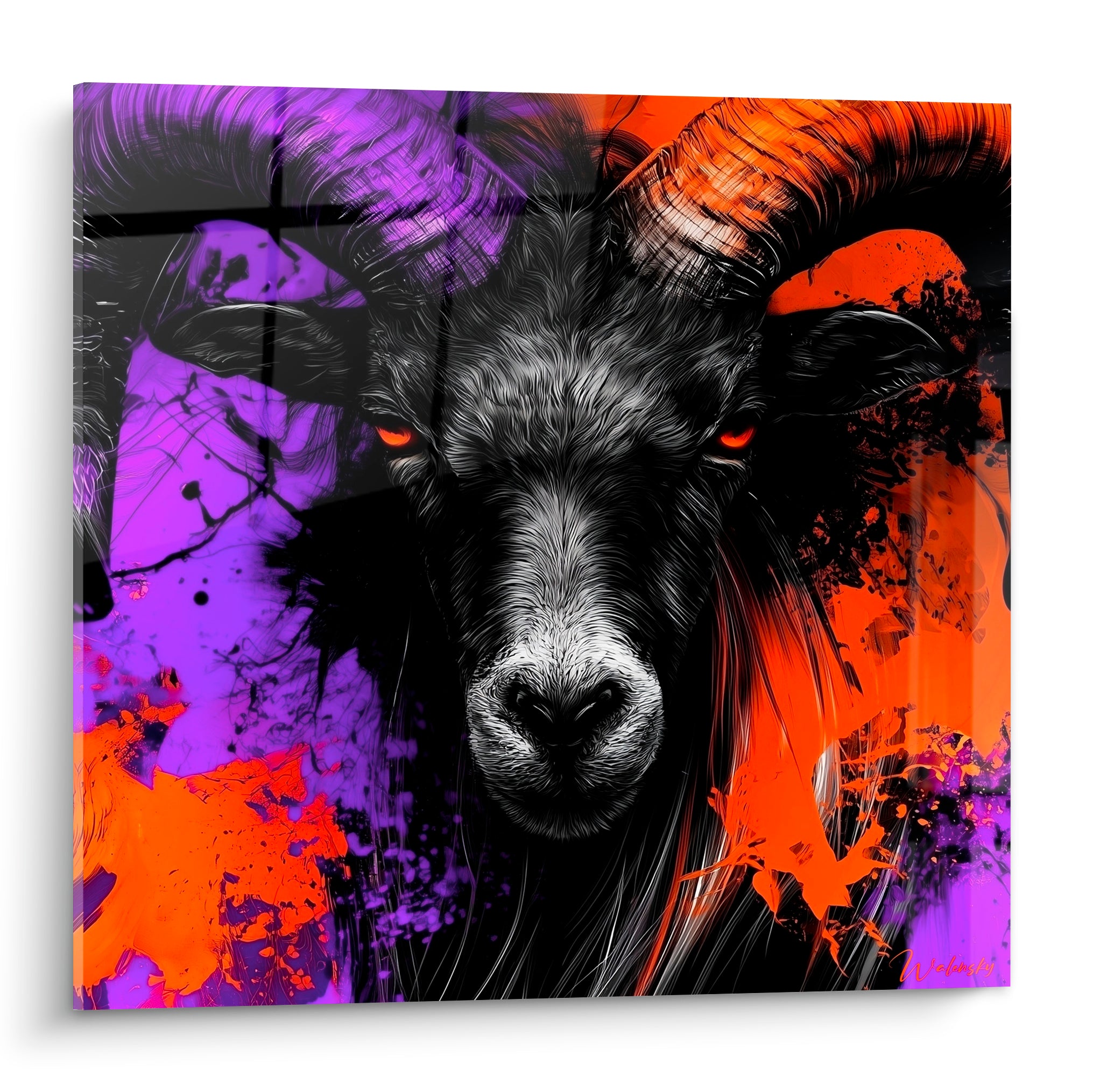 Bélier au regard orange perçant, cornes striées, fond éclaté violet et orange sur toile graphique
