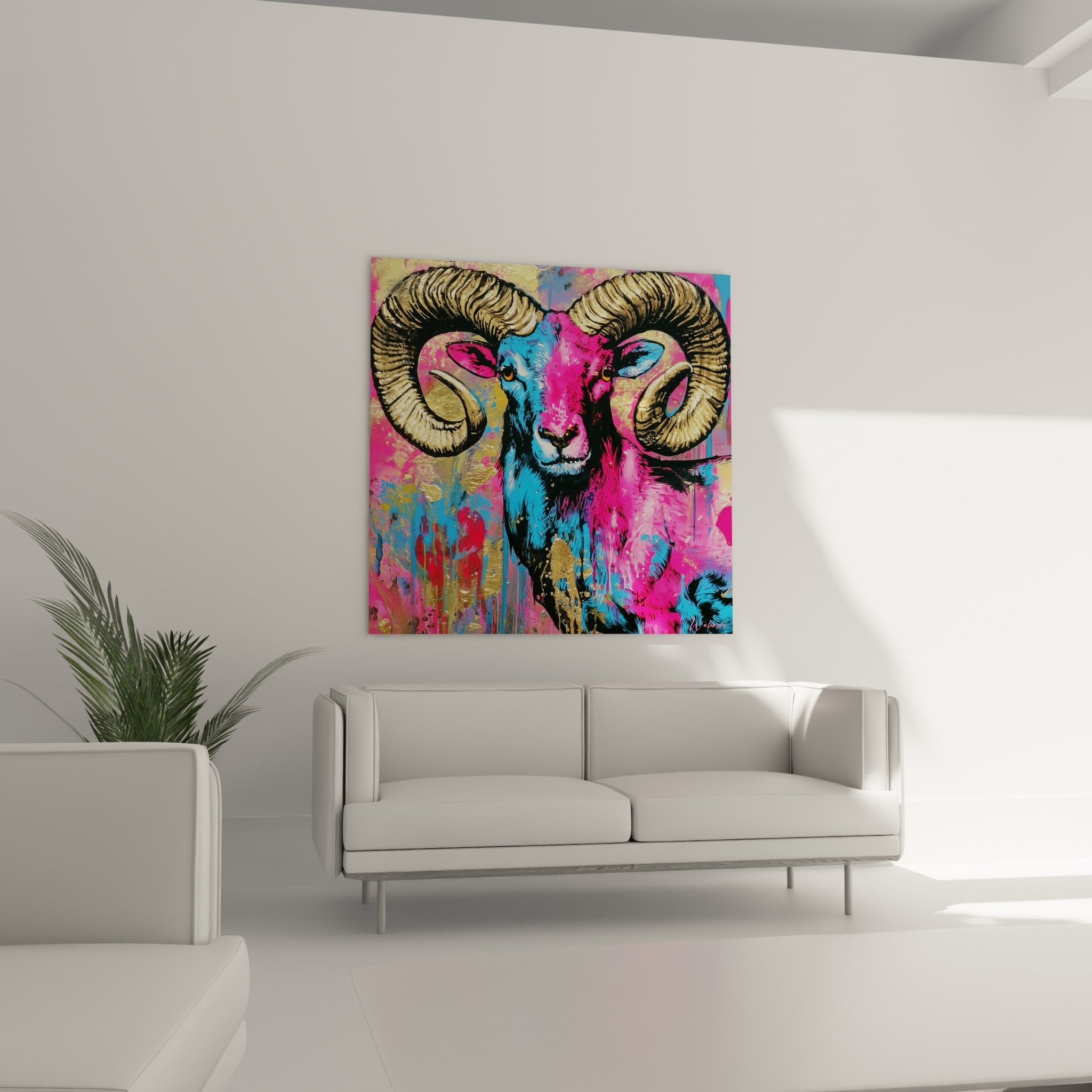 Visage bicolore bleu et rose du bélier pop art, au-dessus d'un canapé dans un salon lumineux