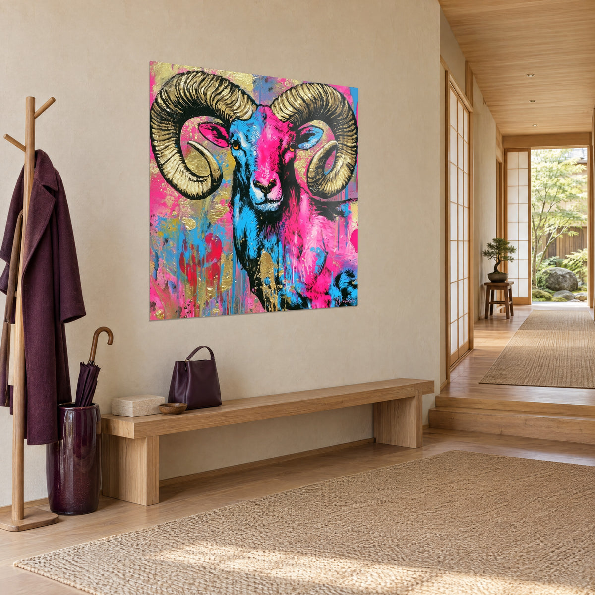Gemälde Mufflon im Pop-Art-Stil in Fuchsia und Blau, kupferfarbene gestreifte Hörner, leuchtende Laufspuren, neben einer Holzbank und einem violetten Mantel