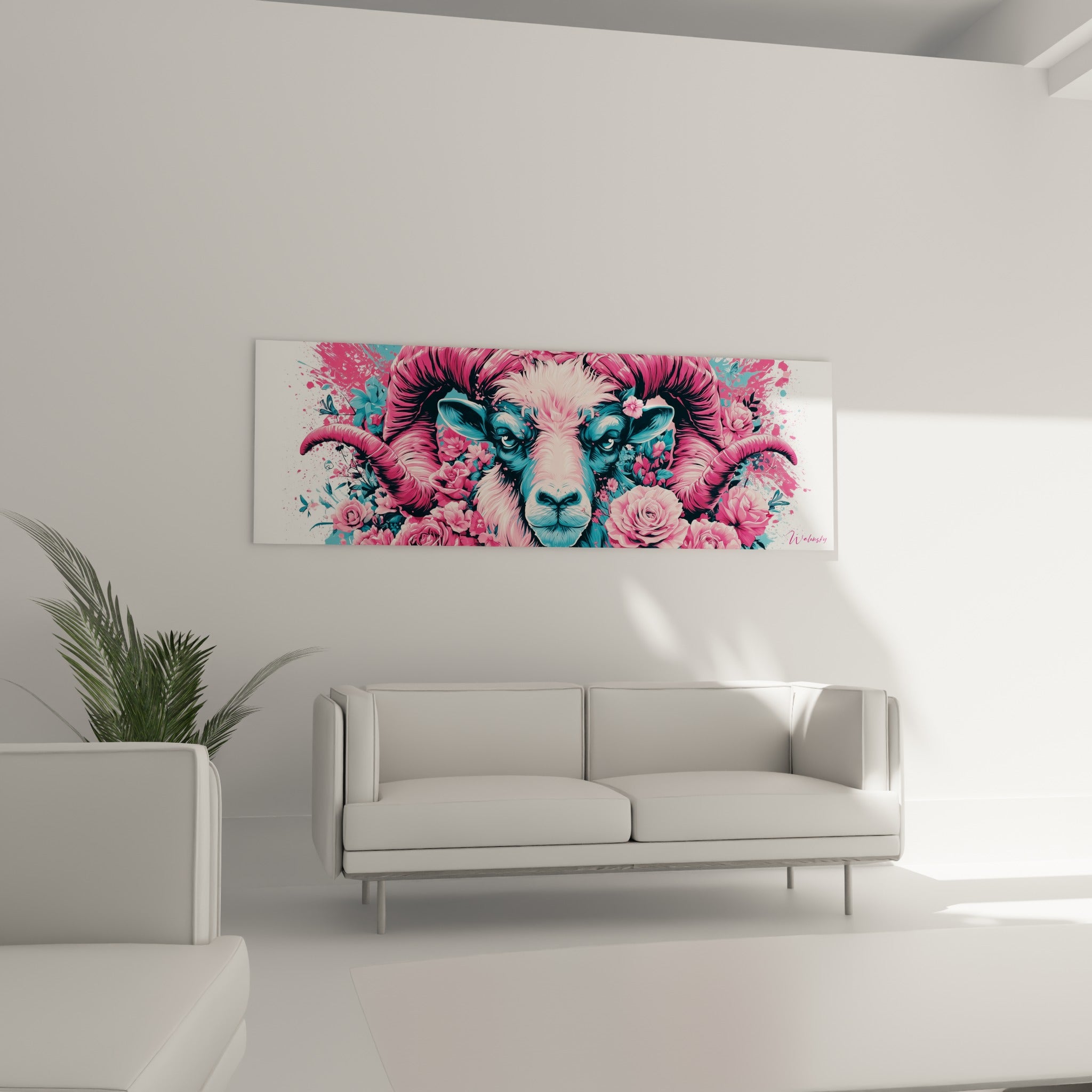 Visage animal rose et bleu entouré de roses fuchsia au-dessus d'un canapé dans un salon lumineux