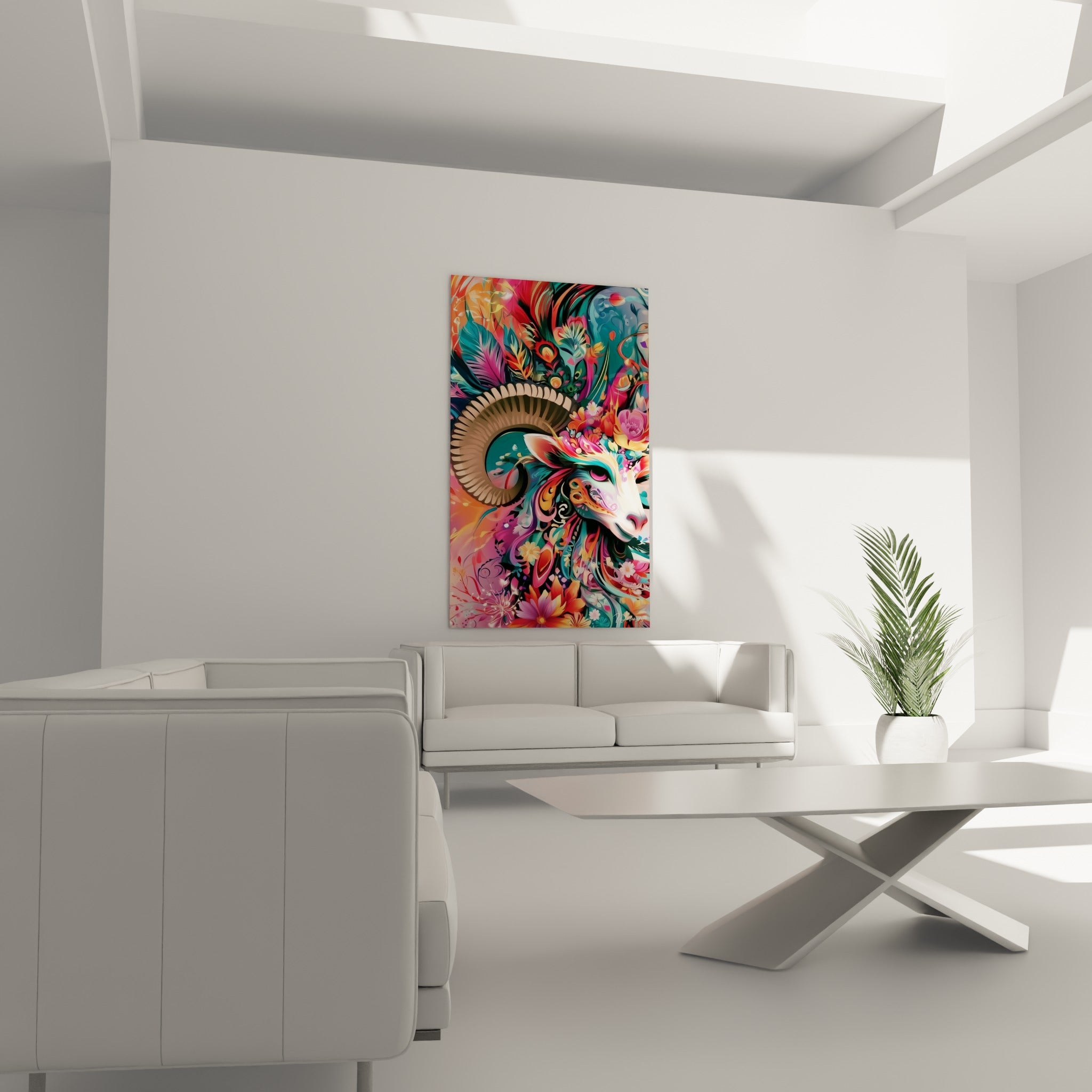 Visage du Bélier entouré de motifs turquoise et roses vifs au-dessus d'un canapé dans un salon lumineux
