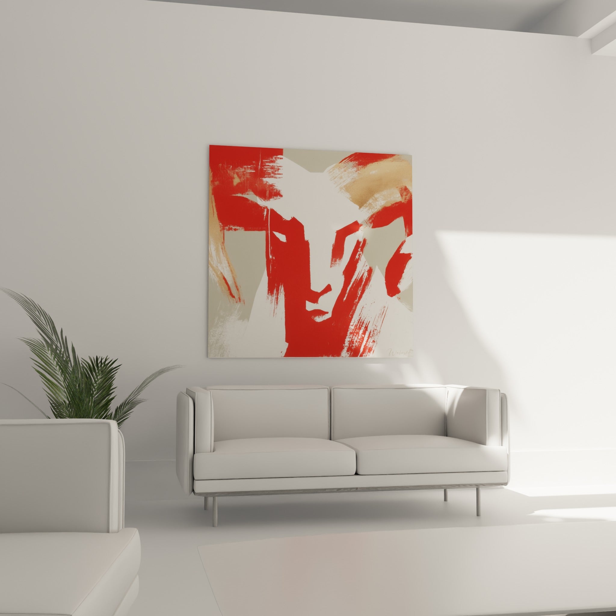 Visage animal aux traits rouges intenses sur fond beige, suspendu au-dessus d'un canapé dans un salon lumineux