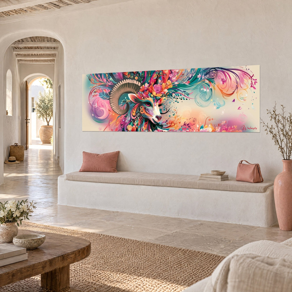 Tableau tête de bélier ornée de roses et de volutes rose et turquoise, vue de trois-quarts dans une maison méditerranéenne