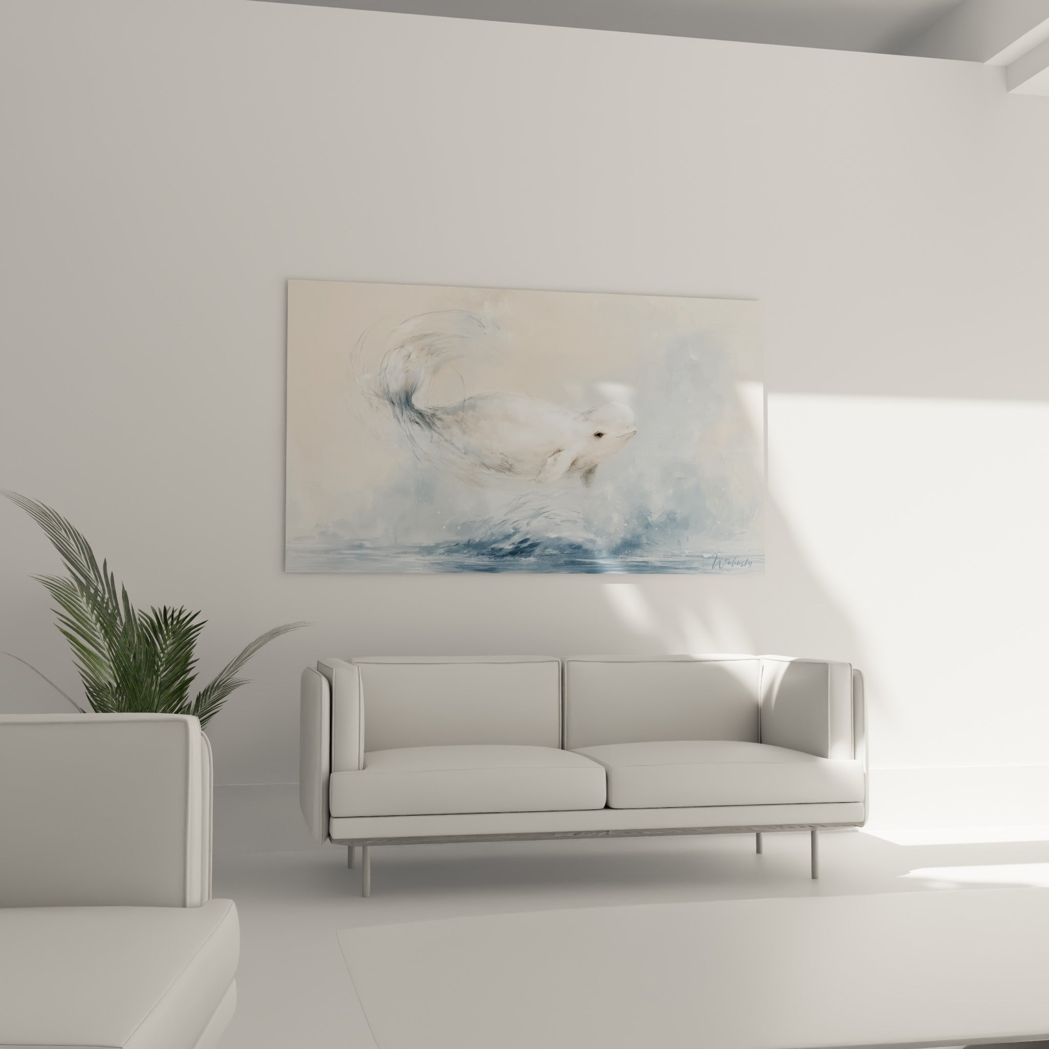 Béluga bleu pastel et anthracite en pleine ascension, suspendu au-dessus d'un canapé dans un salon lumineux
