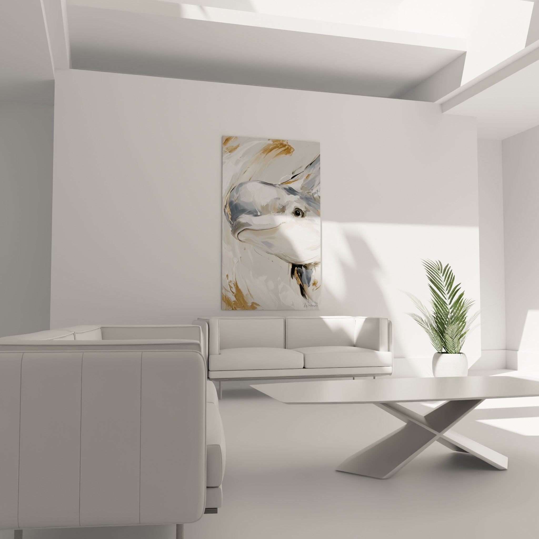 Portrait de beluga blanc et anthracite aux reflets dorés, au-dessus d'un canapé dans un salon lumineux