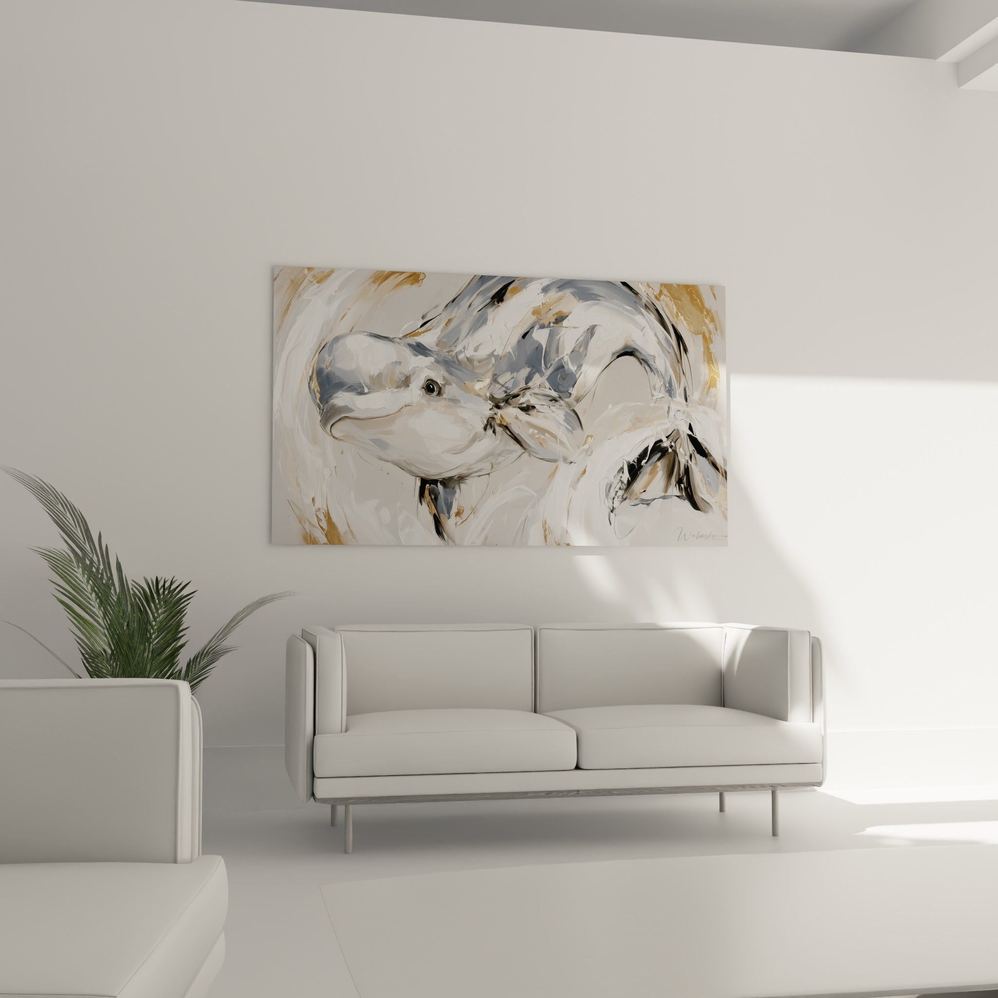 Silhouette du beluga blanche et anthracite, mouvement fluide de la matière, au-dessus d'un canapé dans un salon lumineux