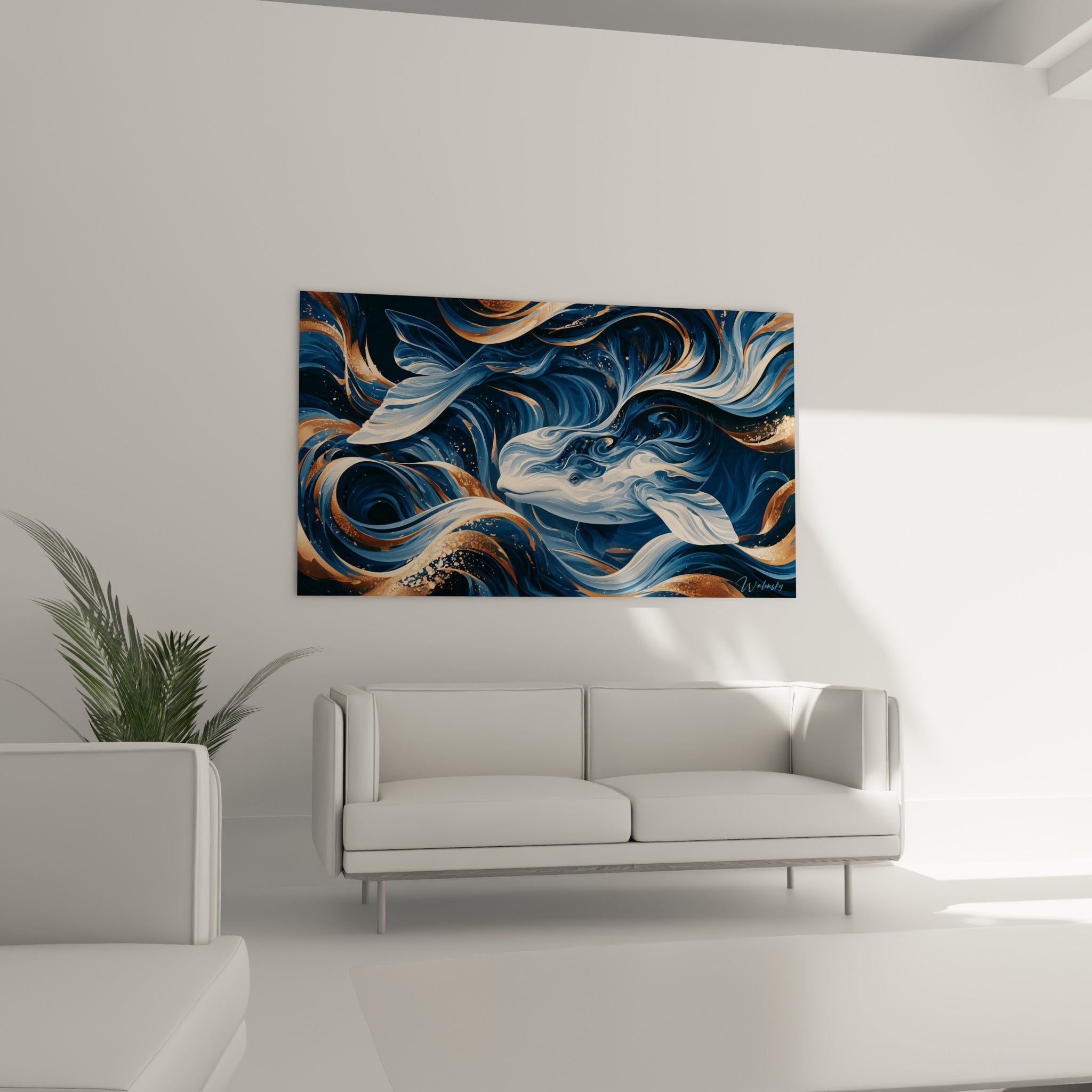 Mammifère marin stylisé en bleu marine et bronze suspendu au-dessus d'un canapé dans un salon lumineux