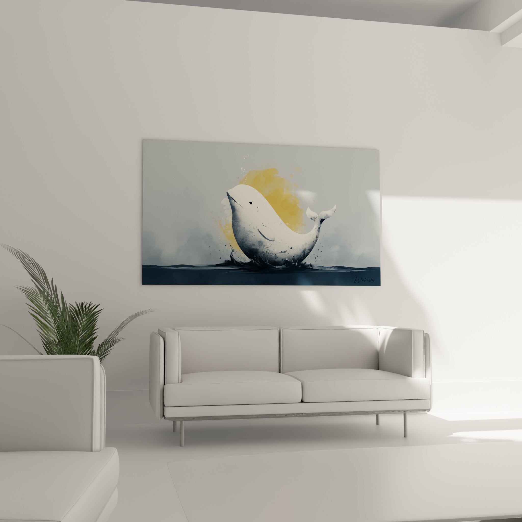 Beluga crème en éclaboussure sur fond ocre, accroché au-dessus d'un canapé dans un salon lumineux