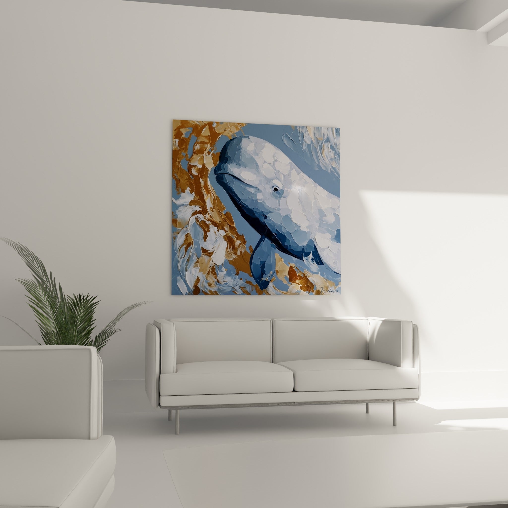Beluga anthracite et blanc nacré sous un tourbillon doré, au-dessus d'un canapé dans un salon lumineux