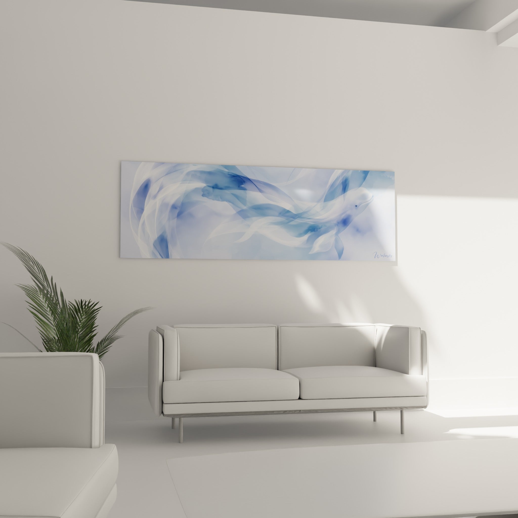 Cétacé aux tons blanc laiteux et bleu marine glissant au-dessus d'un canapé dans un salon lumineux