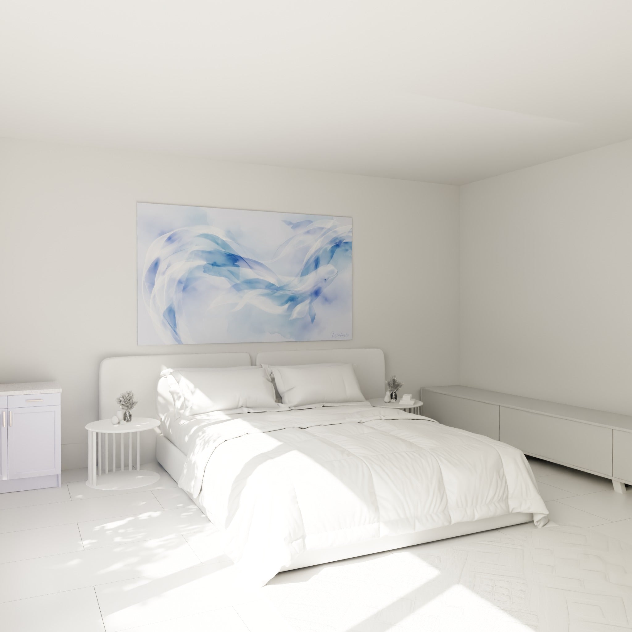 Silhouette du beluga bleu marine et blanc ondoyant, accrochée au-dessus d'un lit dans une chambre claire