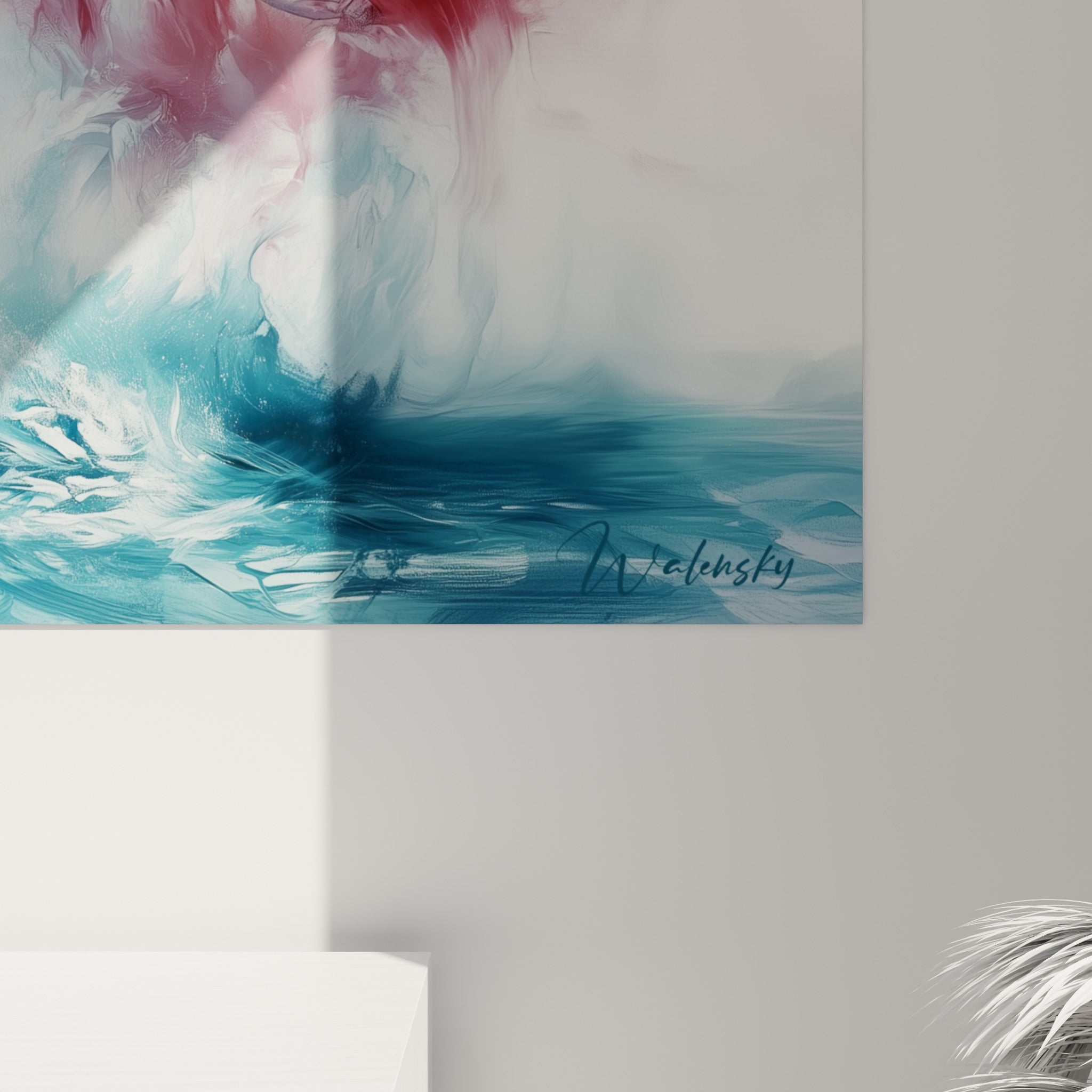 Matière picturale du beluga aquarelle révélant coulures bleu poudré et empâtements rouge carmin en gros plan