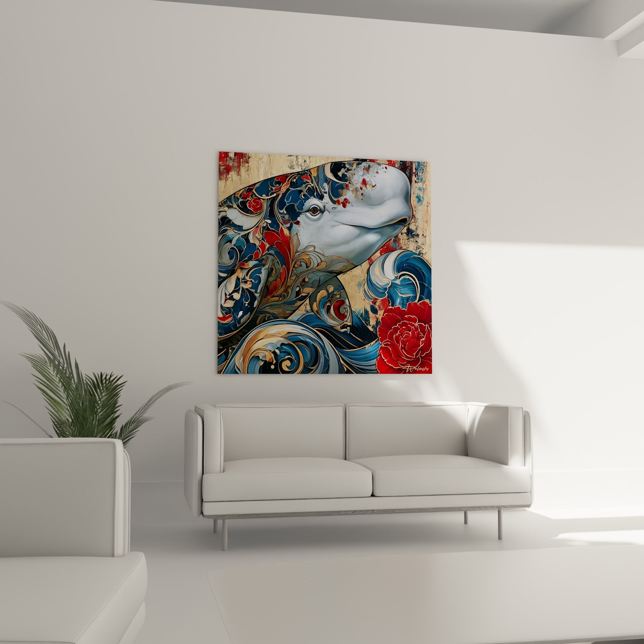 Beluga au regard paisible entouré de volutes bleu marine, au-dessus d'un canapé dans un salon lumineux