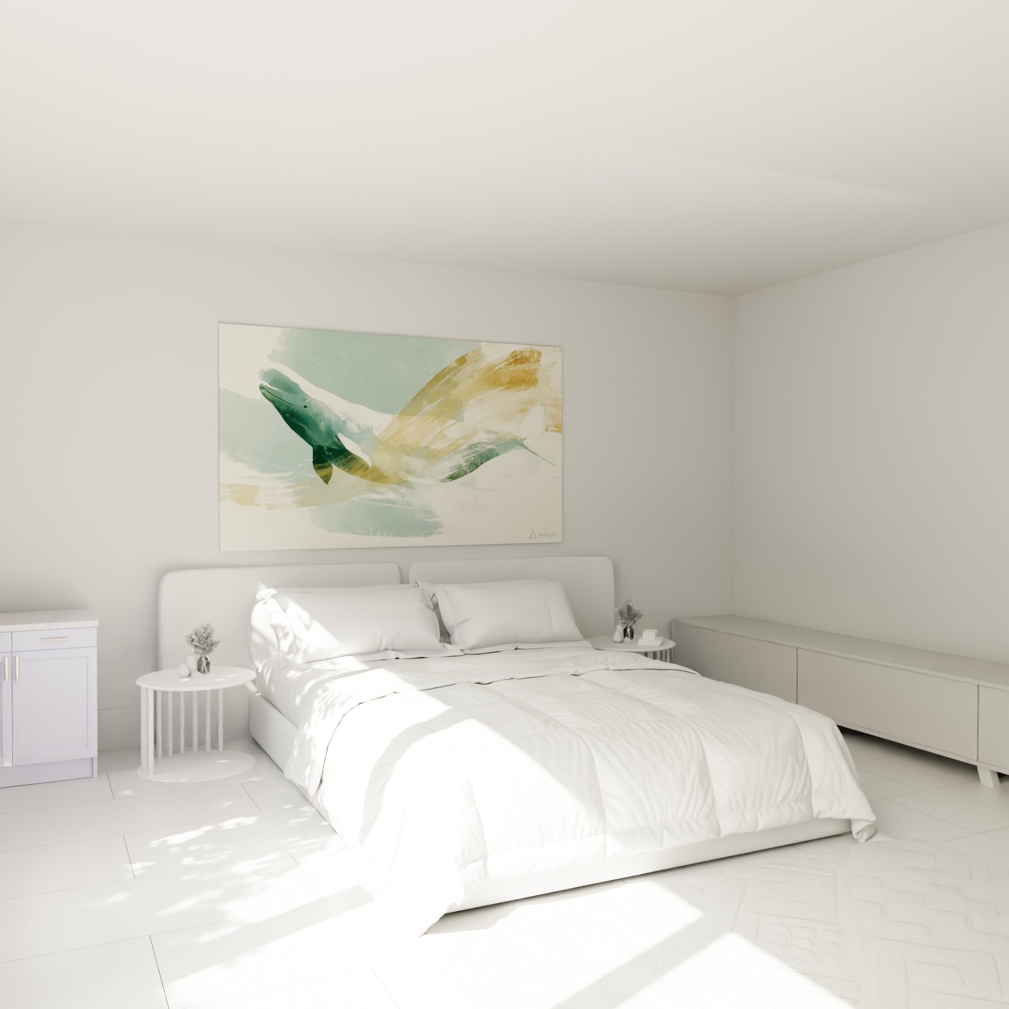 Cétacé blanc et anthracite traversé de touches ocre, accroché au-dessus d'un lit dans une chambre claire