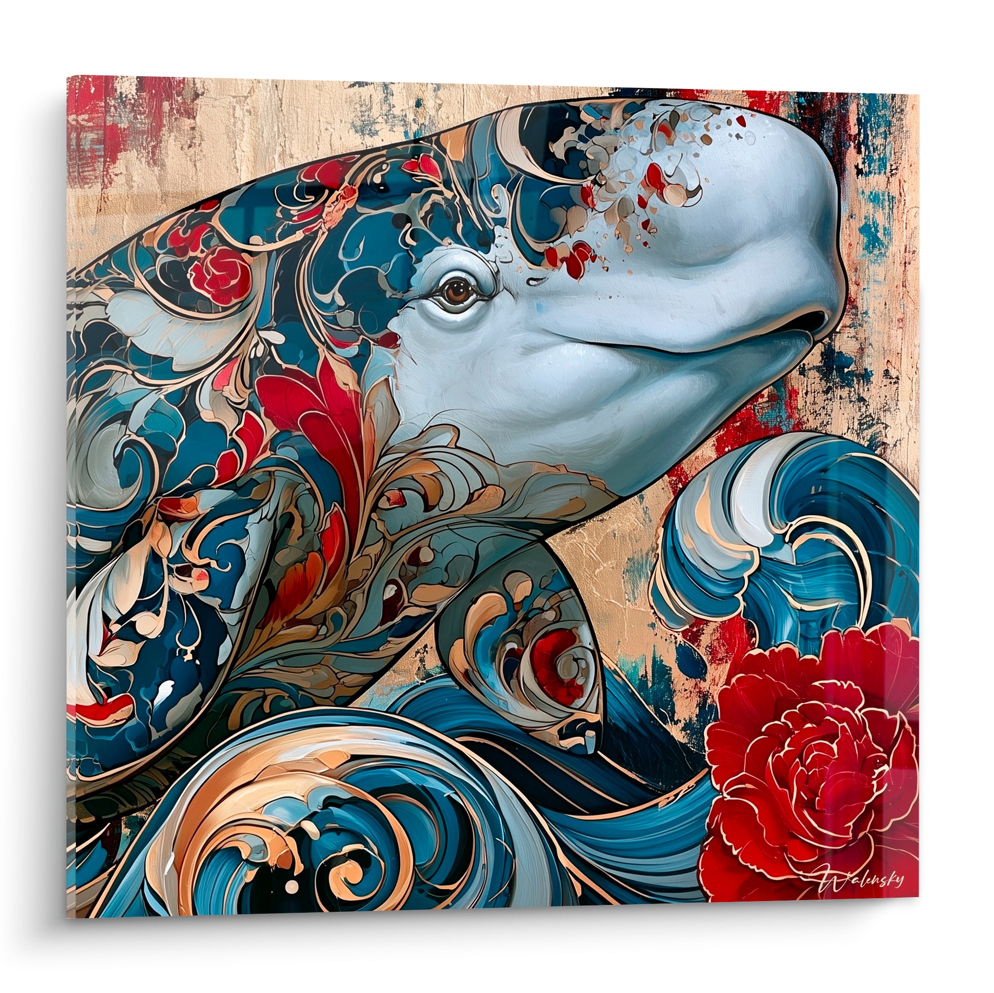 Beluga paré de motifs bleu marine et terracotta, rose rouge en bas, style ornemental peint