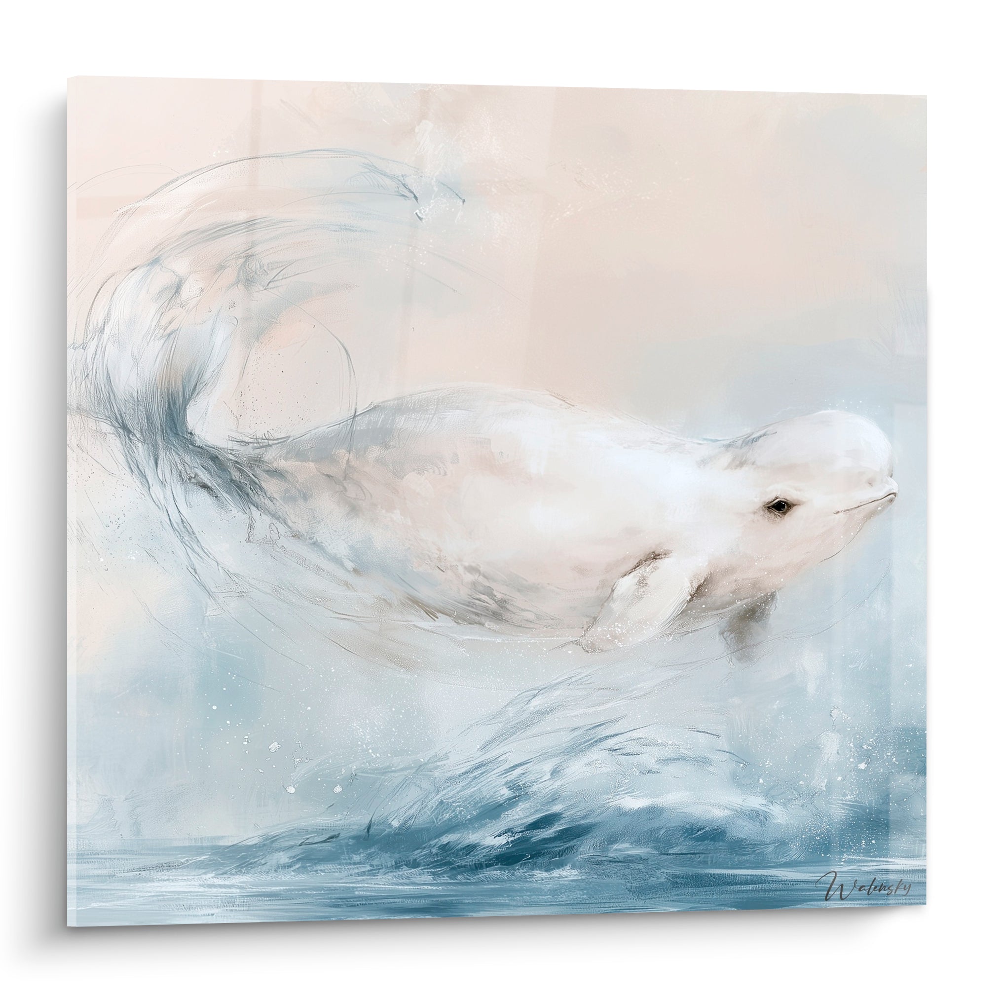 Beluga blanc glissant dans une eau bleu ardoise, queue esquissée en mouvement fluide
