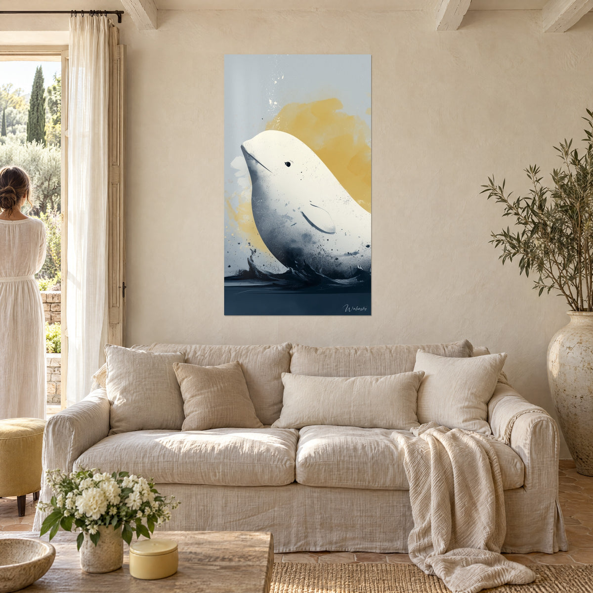Tableau baleine blanche ivoire levant le museau sur un halo ocre et un fond gris nuage, au-dessus d'un canapé dans un salon lumineux