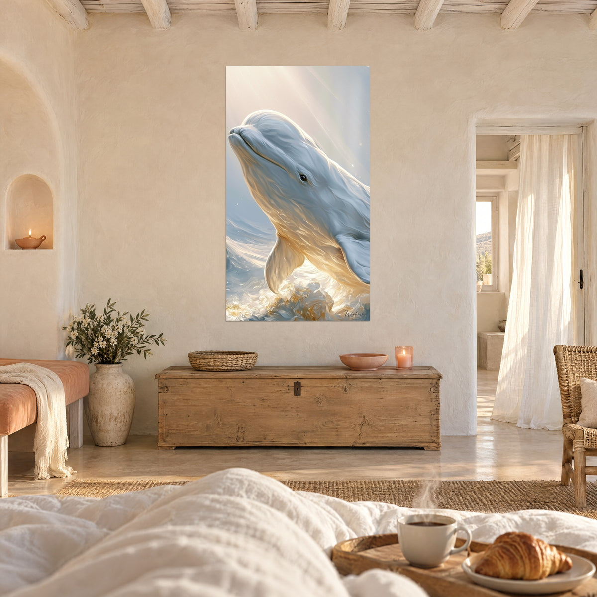 Tableau baleine à melon blanche aux lueurs d'or et de bleu glacier, accroché au-dessus d'un lit dans une chambre claire